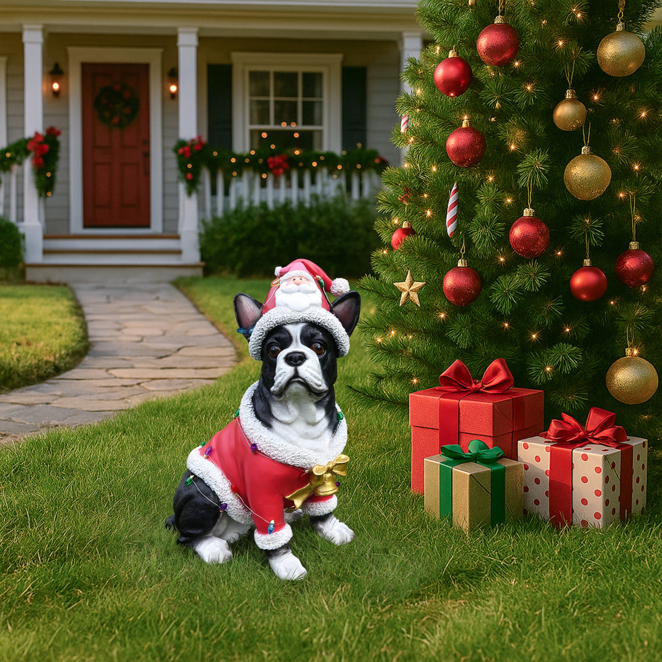 Noble House Christmas French Bulldog Statue, Cheerful Holiday Dog Figurine in Santa Outfit, Black Fur & Red Shirt