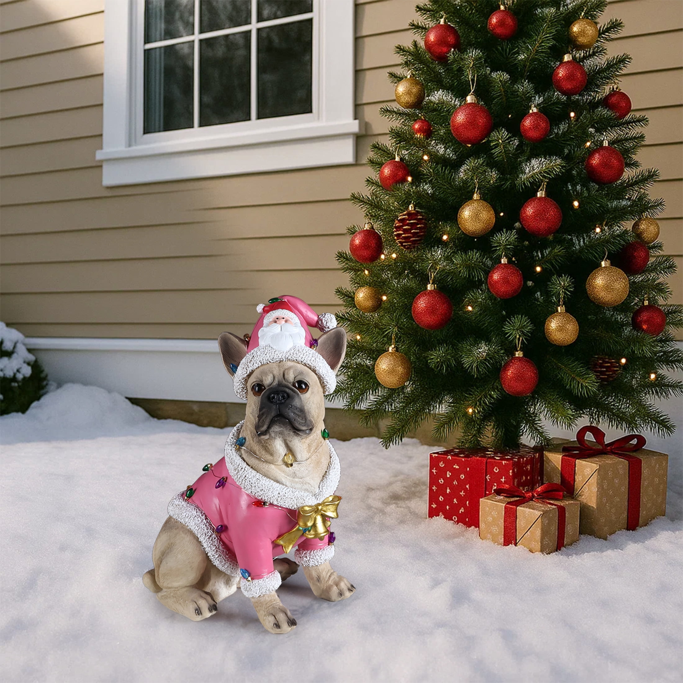 Noble House Christmas French Bulldog Statue, Cheerful Holiday Dog Figurine in Santa Outfit, Gray Fur & Pink Shirt