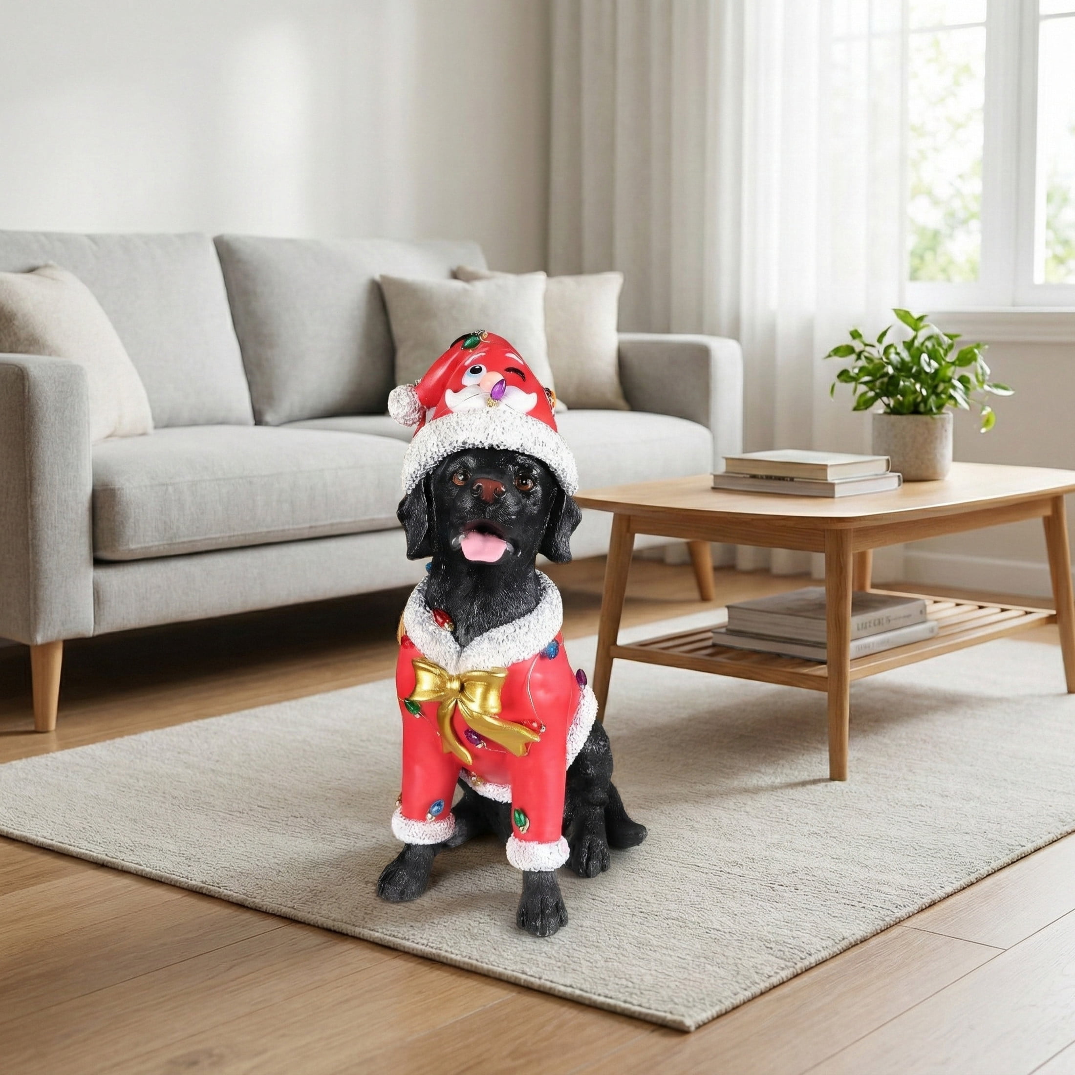 Noble House Christmas Labrador Retriever Statue, Cheerful Holiday Dog Figurine in Santa Outfit, Black Fur & Red Shirt