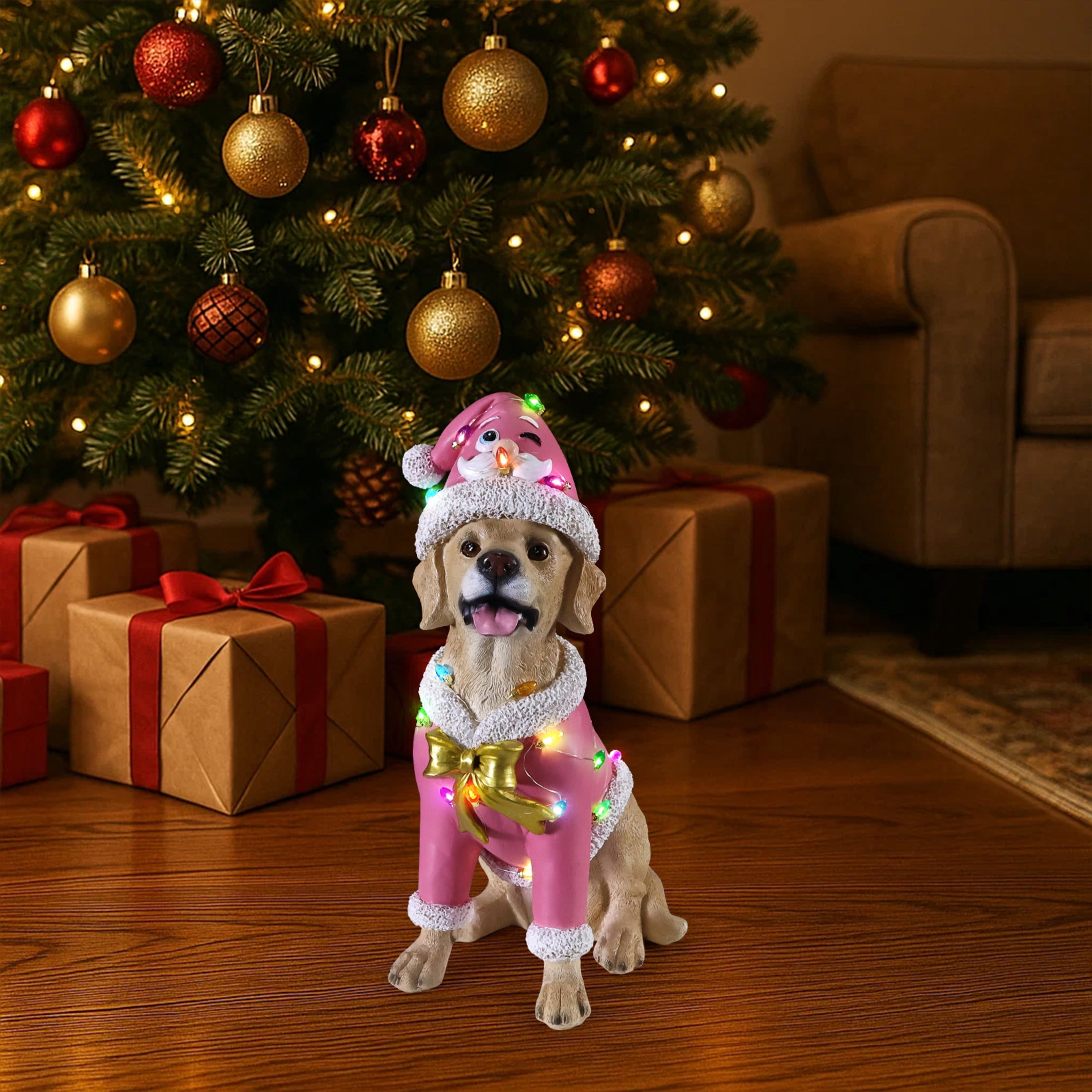 Noble House Christmas Labrador Retriever Statue, Cheerful Holiday Dog Figurine in Santa Outfit, Brown Fur & Pink Shirt