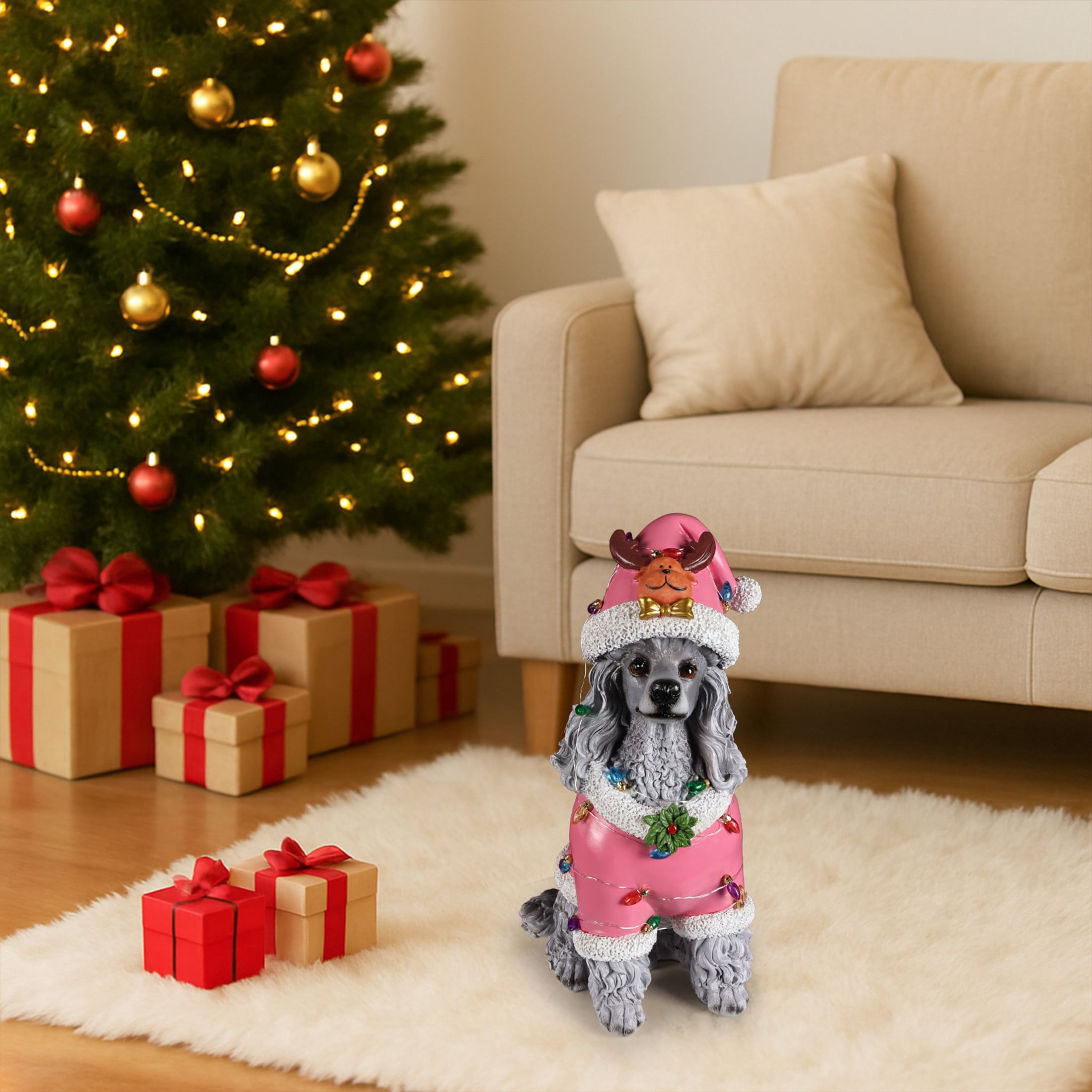 Noble House Christmas Poodle Statue, Cheerful Holiday Dog Figurine in Santa Outfit, Gray Fur & Pink Shirt