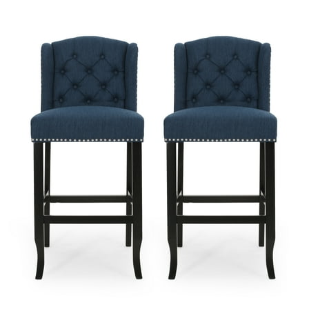 Noble House Christopher Wingback Barstool, Set of 2, Navy Blue, Dark Brown