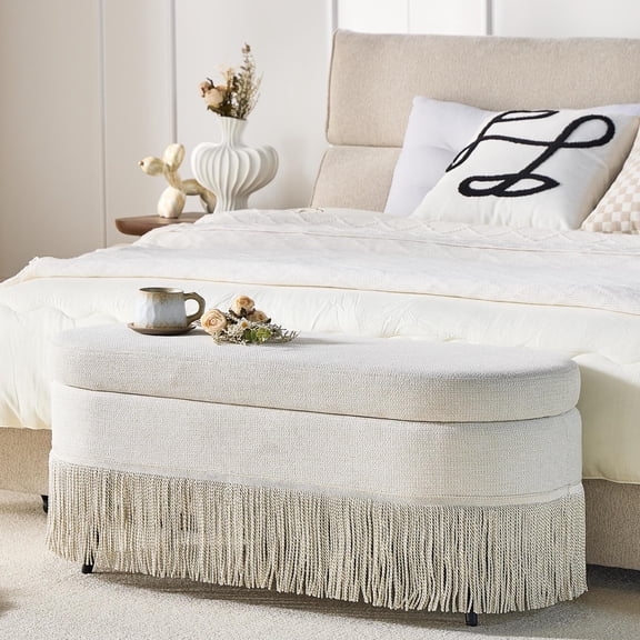 Noble House Ciara 39" Oval Upholstered Storage Ottoman, Lift Top Bench with Boho Fringe Trim, Multi-Functional Footrest, Beige