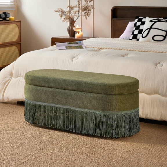 Noble House Ciara 39" Oval Upholstered Storage Ottoman, Lift Top Bench with Boho Fringe Trim, Multi-Functional Footrest, Green