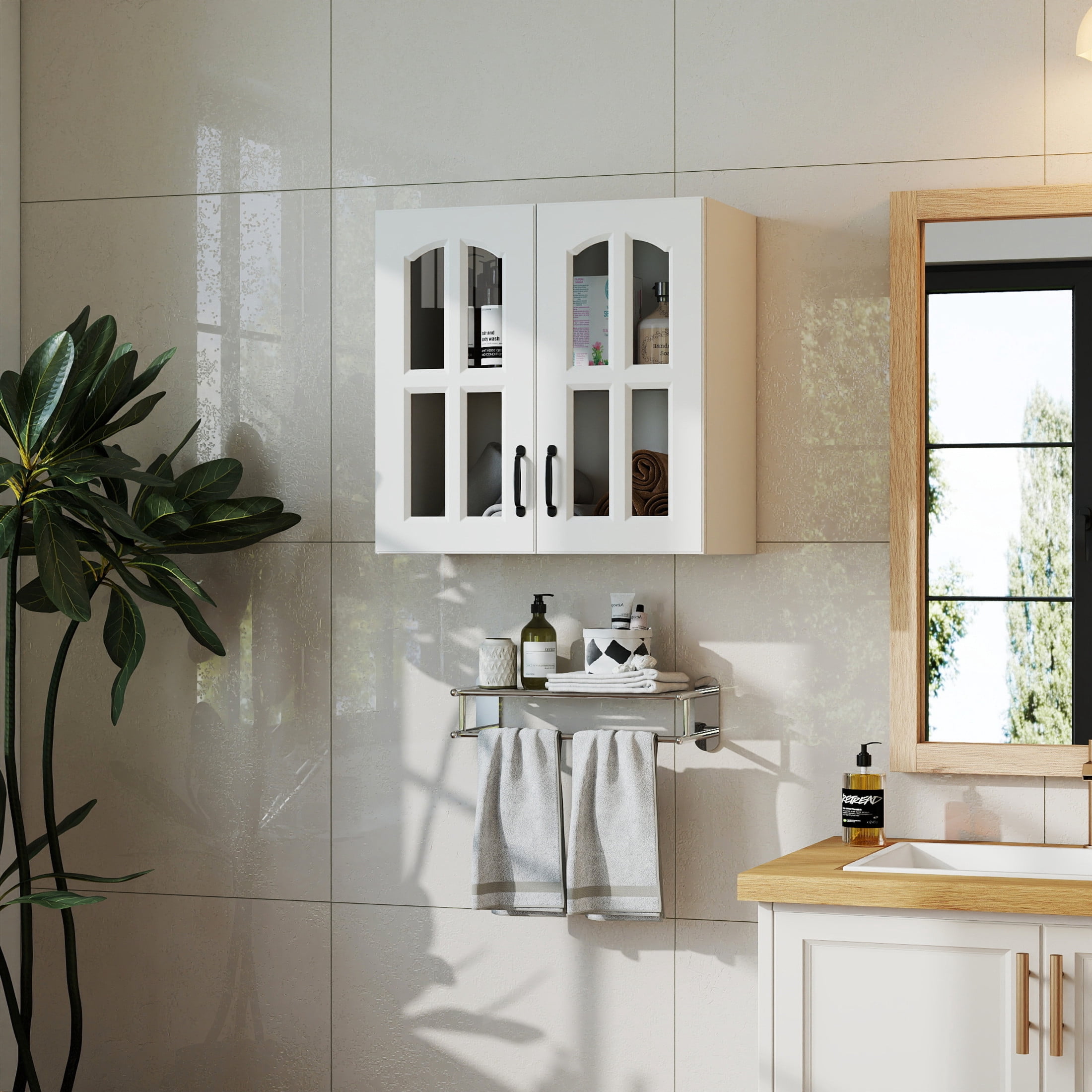 Noble House Classic Glass Door Wall Display Cabinet, Modern Floating Storage Cabinet for Kitchen & Bathroom, White