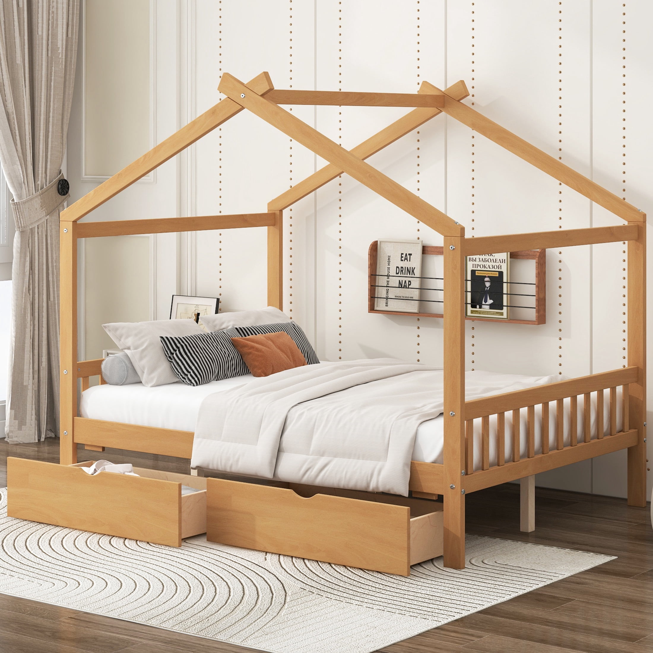 Noble House Clavell Full Size House Bed with 2 Storage Drawers, Headboard and Footboard, Playful Roof Design, Natural