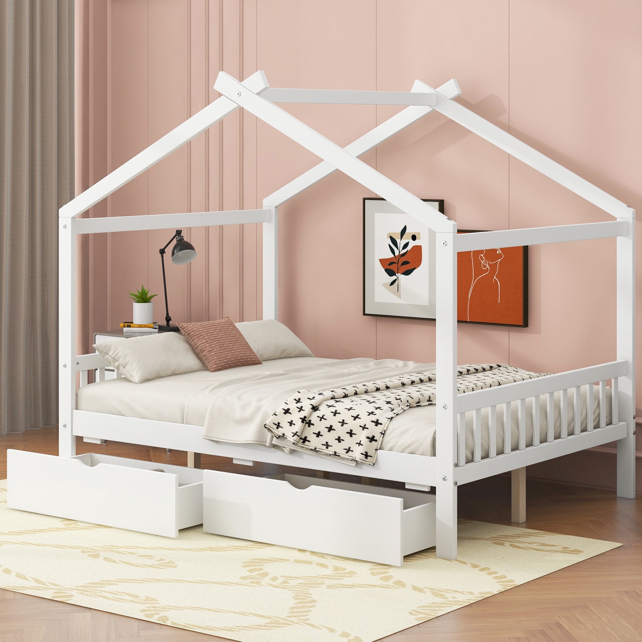 Noble House Clavell Full Size House Bed with 2 Storage Drawers, Headboard and Footboard, Playful Roof Design, White