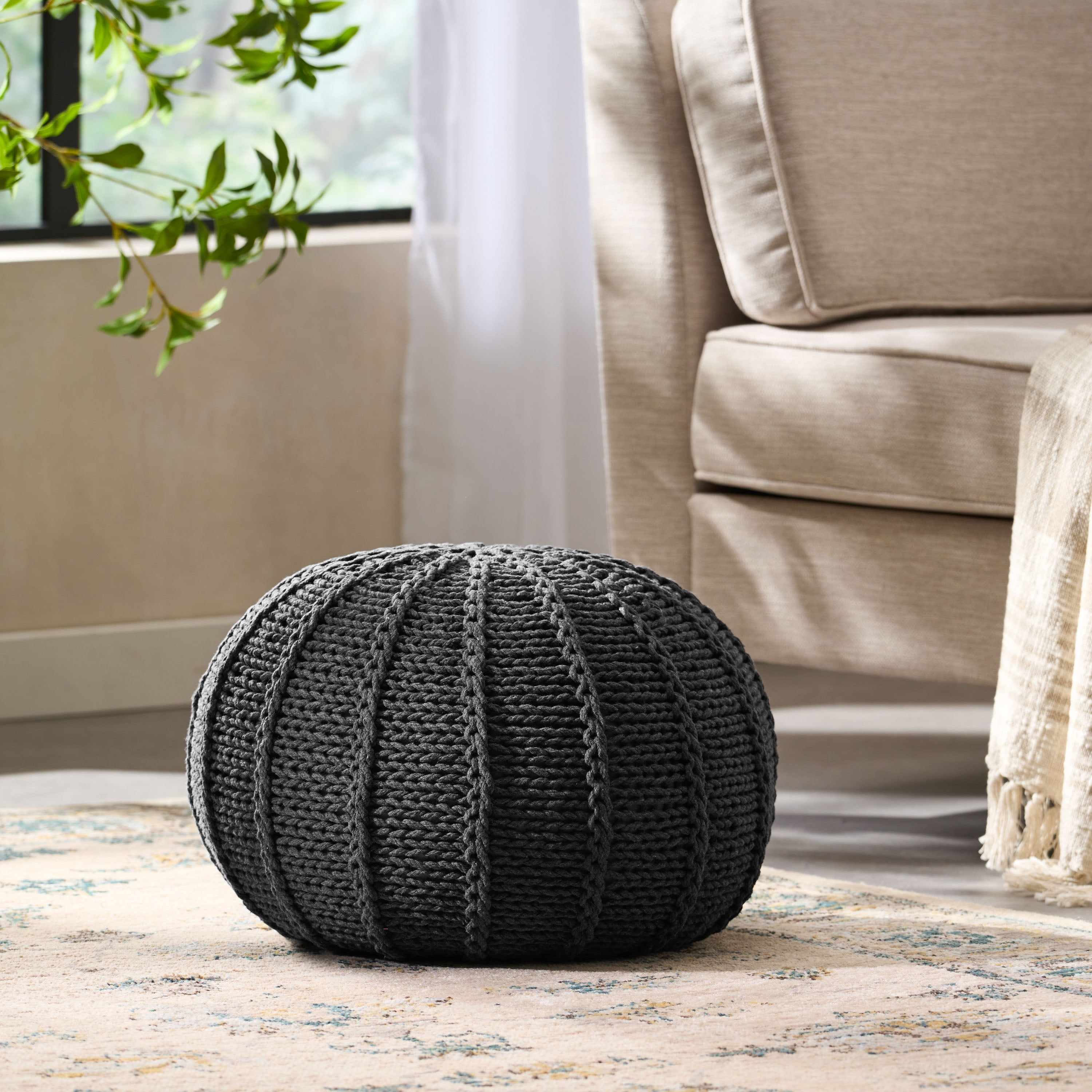 Noble House Cody Knitted Cotton Pouf, Dark Grey