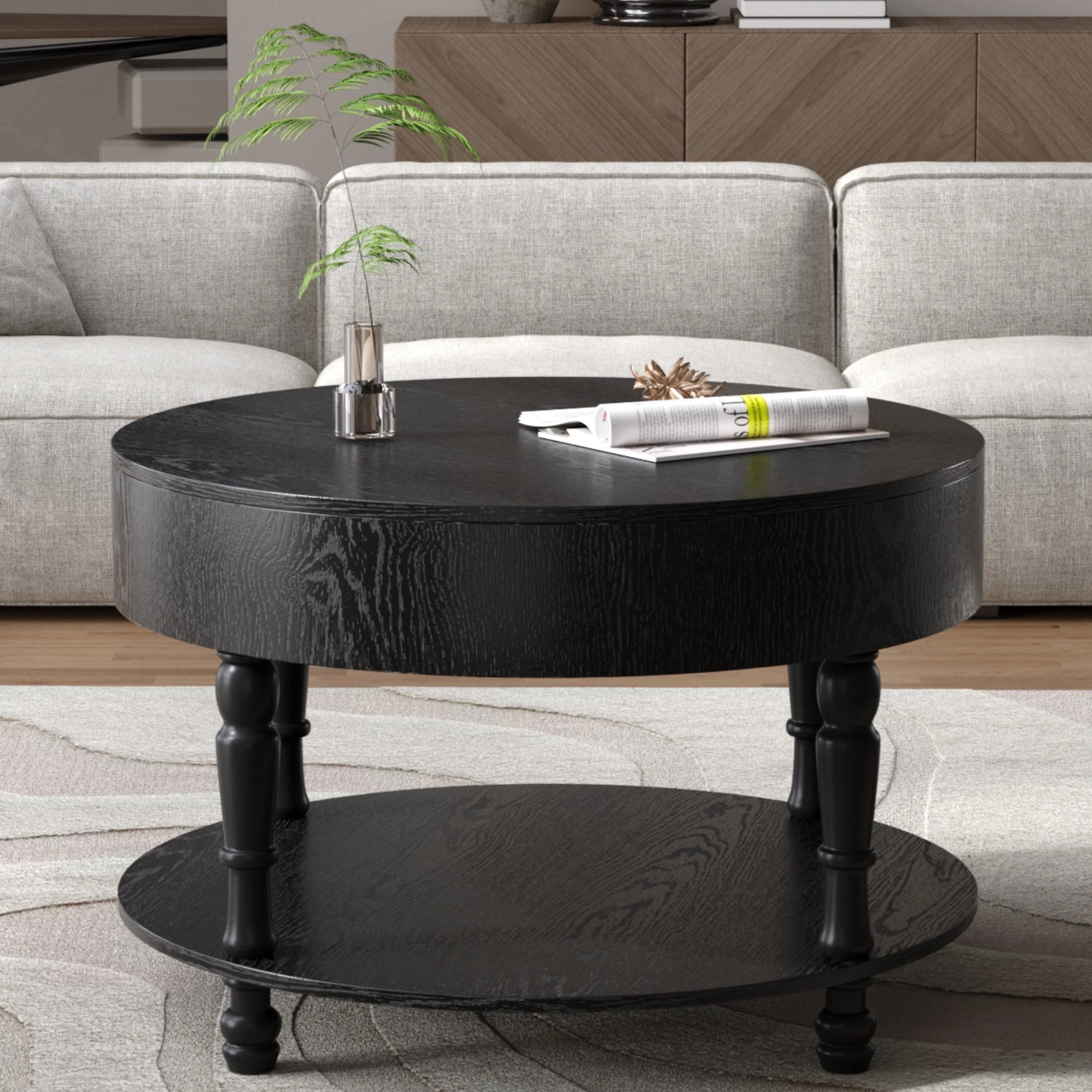 Noble House Coffee Table with Dual Storage for Living Room, 31.5" Modern Round Coffee Table with Storage and Hidden Compartment, Adjustable Leveling Feet, Black