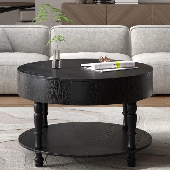 Noble House Coffee Table with Dual Storage for Living Room, 31.5" Modern Round Coffee Table with Storage and Hidden Compartment, Adjustable Leveling Feet, Black