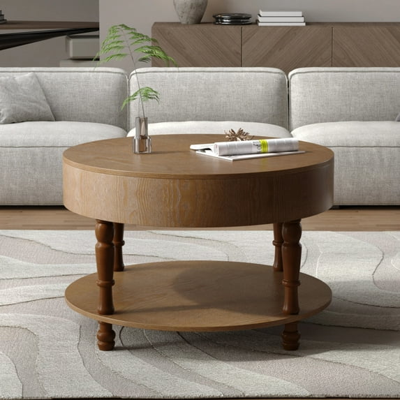 Noble House Coffee Table with Dual Storage for Living Room, 31.5" Modern Round Coffee Table with Storage and Hidden Compartment, Adjustable Leveling Feet, Walnut Brown