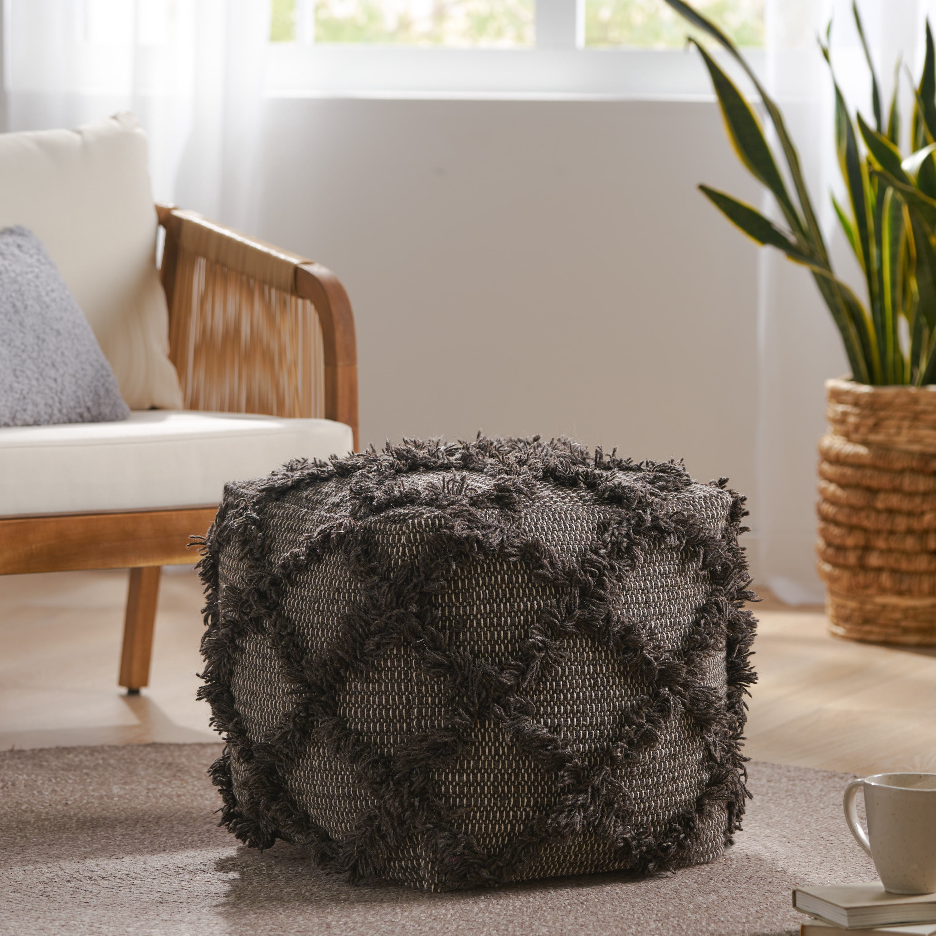 Noble House Cohen Fabric Cube Pouf, Brown