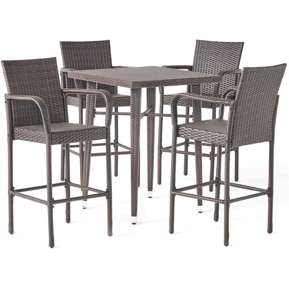 Multi-Brown Wicker and Iron 5-Piece Outdoor Bar Set