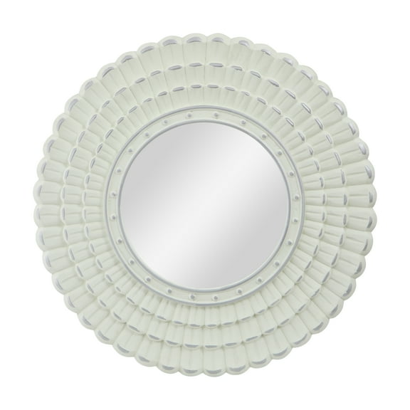 Noble House Colby Modern Round Mirror with Carved Frame in Matte White