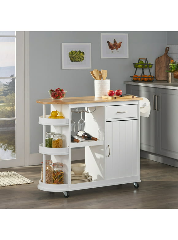 Noble House Colby Wood Kitchen Cart, White, Natural