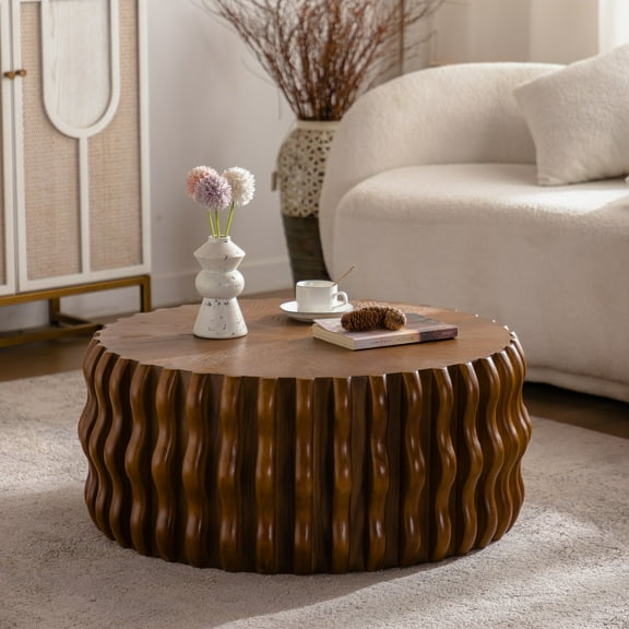 Noble House Cole 31.50" Ribbed Wave Round Coffee Table, Wooden Fluted Drum Center Table, Sturdy Pedestal, Walnut