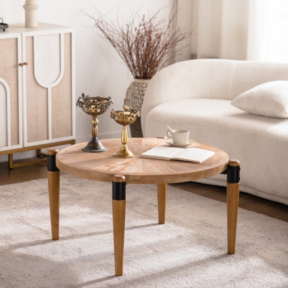 Noble House Colin 36.22" Rustic Radial Grain Round Coffee Table, Wooden Center Table with Black Accent Legs, Natural