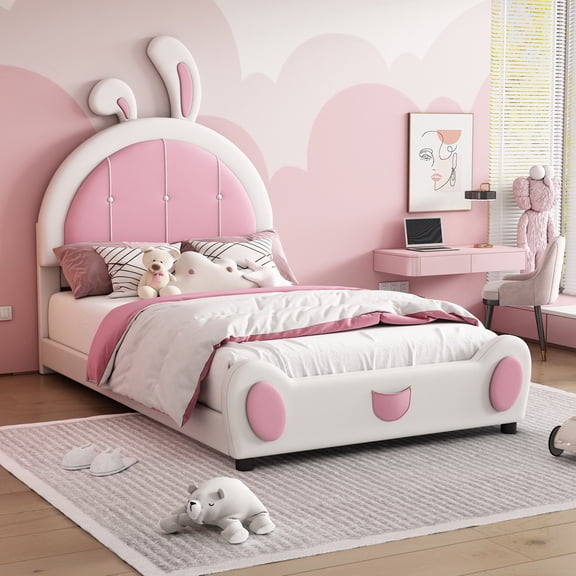 Noble House Collis Twin Upholstered Platform Bed, Rabbit Shaped Bunny Ear Headboard, PU Leather, White and Pink
