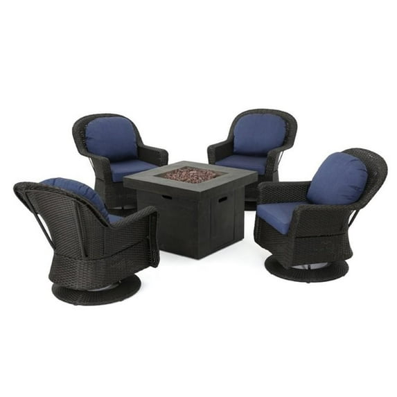 Noble House Colosseum 5 Piece Outdoor Swivel Chair and Firepit Set in Dark Brown