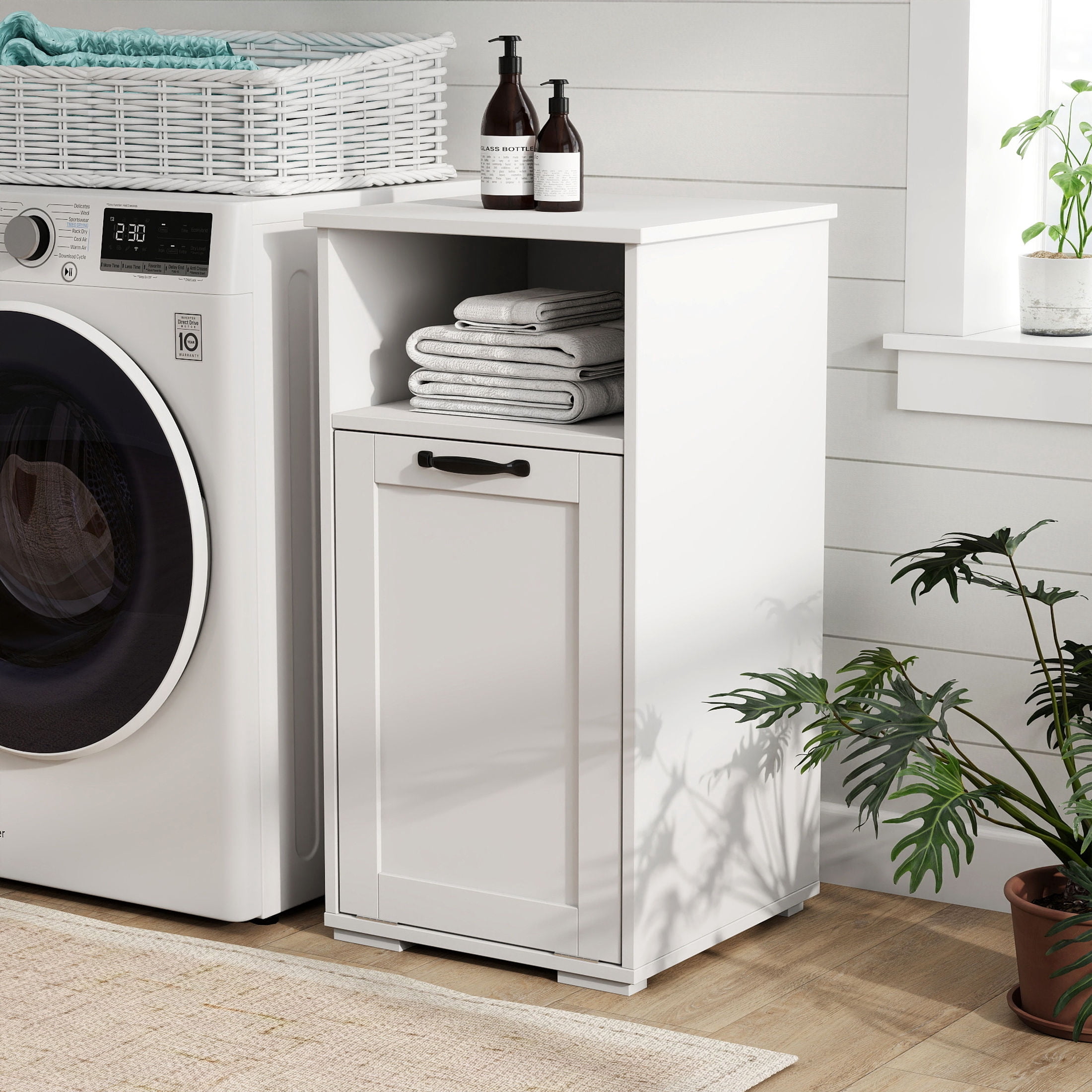 Noble House Compact Laundry Cabinet with Removable Liner Bag, Tilt-Out Hamper Storage Cabinet with Open Shelf, White