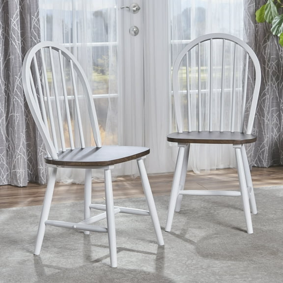 Noble House Conrad Farmhouse Rubberwood Dining Chairs, Set of 2, Brown, White