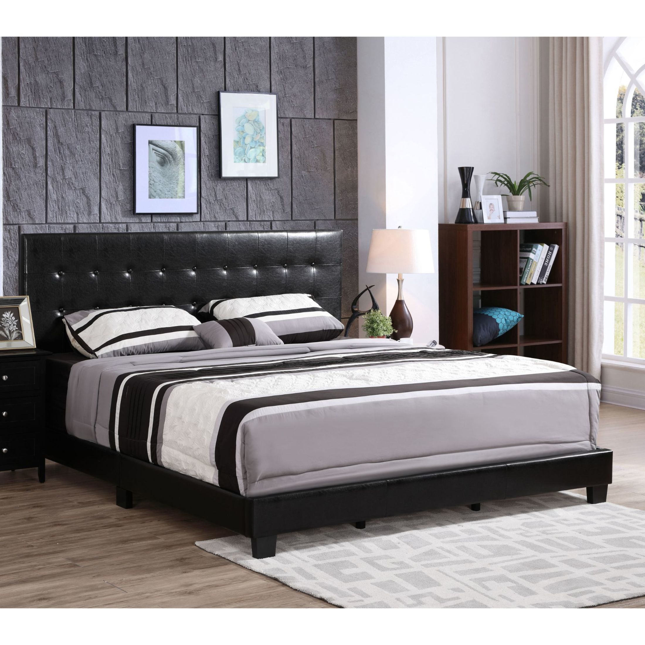 Noble House Contemporary Full Upholstered Bed with Tufted Headboard, Wood Frame, Black
