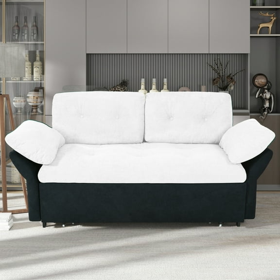 Noble House Convertible Sleeper Sofa Bed with Pull-Out Queen Design, Side Storage Pocket, Chenille Upholstery, White + Black