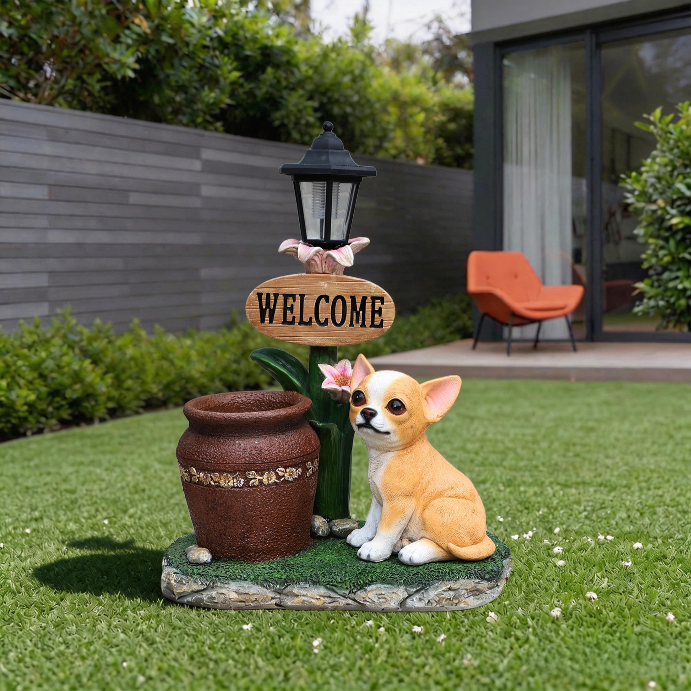 Noble House Corgi Dog Planter Statue with Solar Lantern, Realistic Resin Figurine Flower Pot for Garden, Multicolor