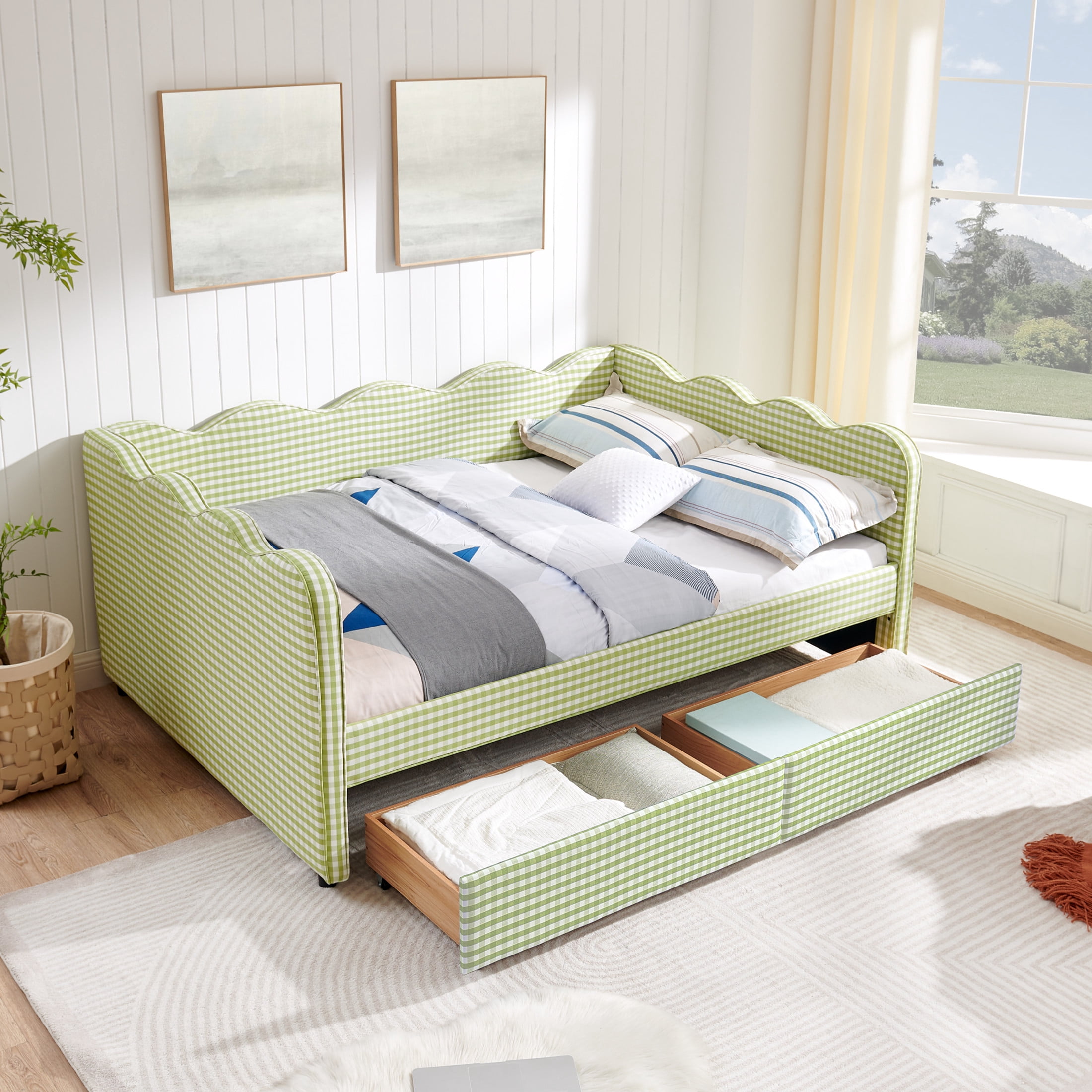 Noble House Corlan Full Size Waved Daybed, Cozy Gingham Linen Sofa Bed with Storage Drawers and Charging Port, Green