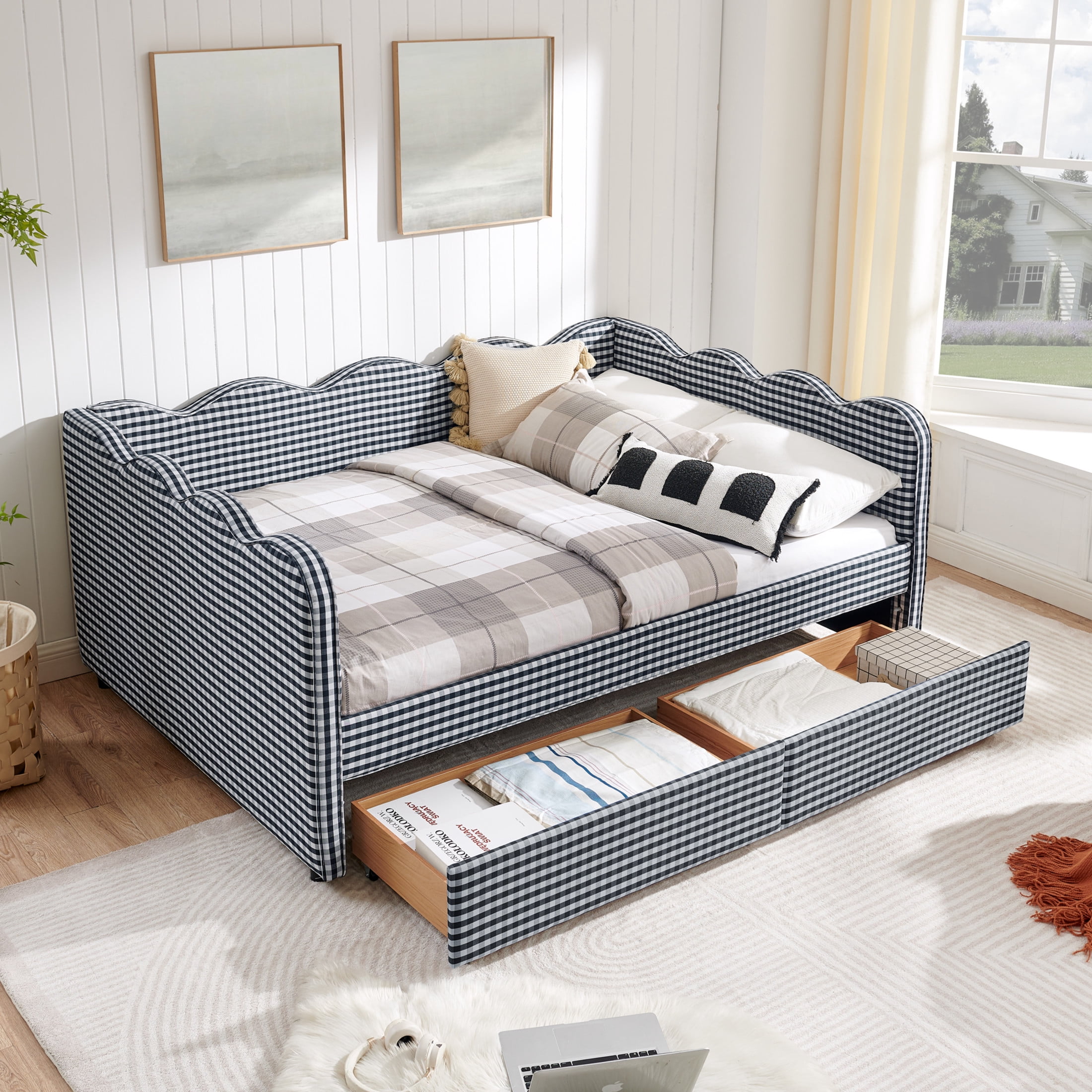 Noble House Corlan Full Size Waved Daybed, Cozy Gingham Linen Sofa Bed with Storage Drawers and Charging Port, Navy Blue