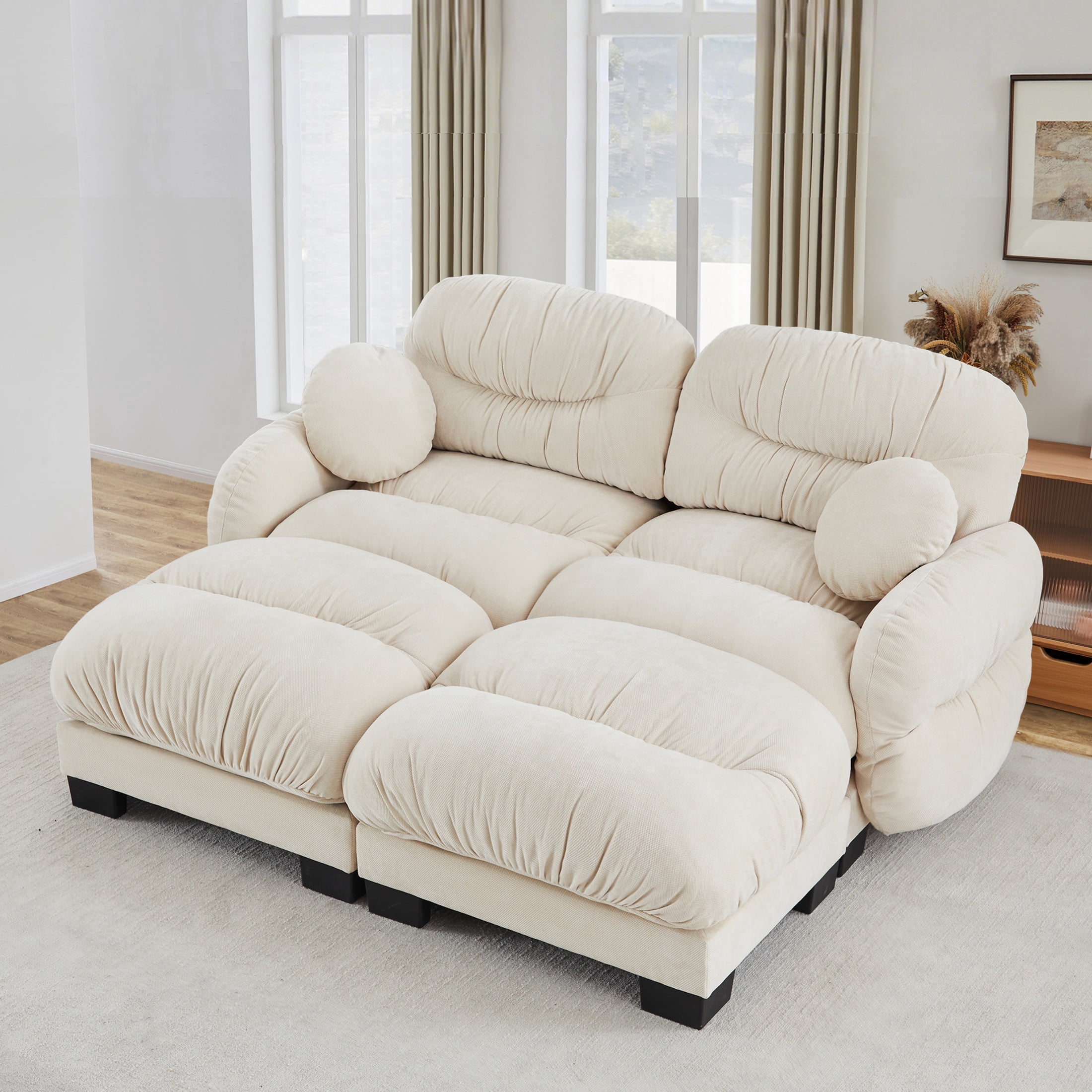 Noble House Corlan Pleated Chenille 2-Seater Sectional Sofa, Modular Deep Seat Couch with 2 Ottomans and Throw Pillows, Beige