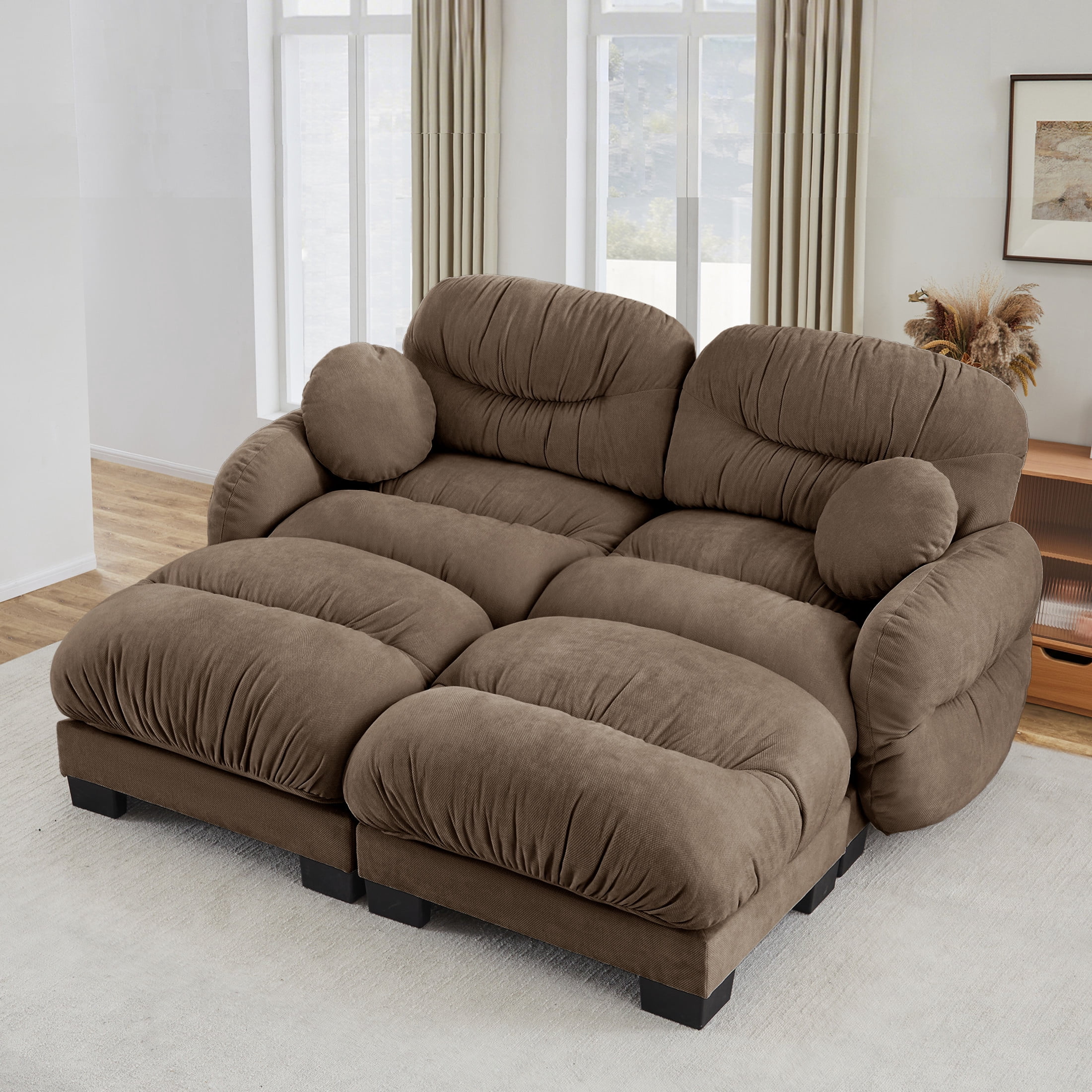Noble House Corlan Pleated Chenille 2-Seater Sectional Sofa, Modular Deep Seat Couch with 2 Ottomans and Throw Pillows, Brown