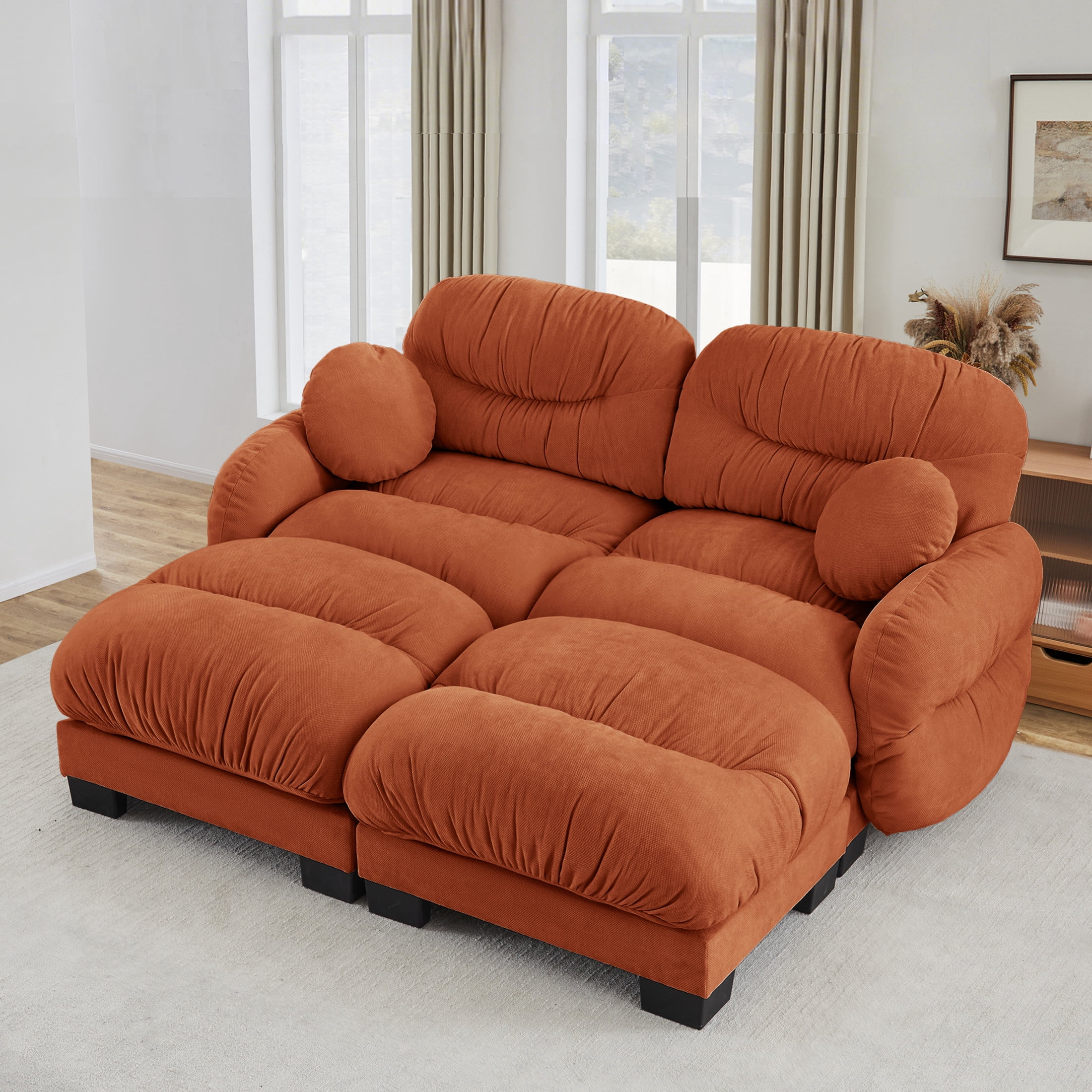 Noble House Corlan Pleated Chenille 2-Seater Sectional Sofa, Modular Deep Seat Couch with 2 Ottomans and Throw Pillows, Orange