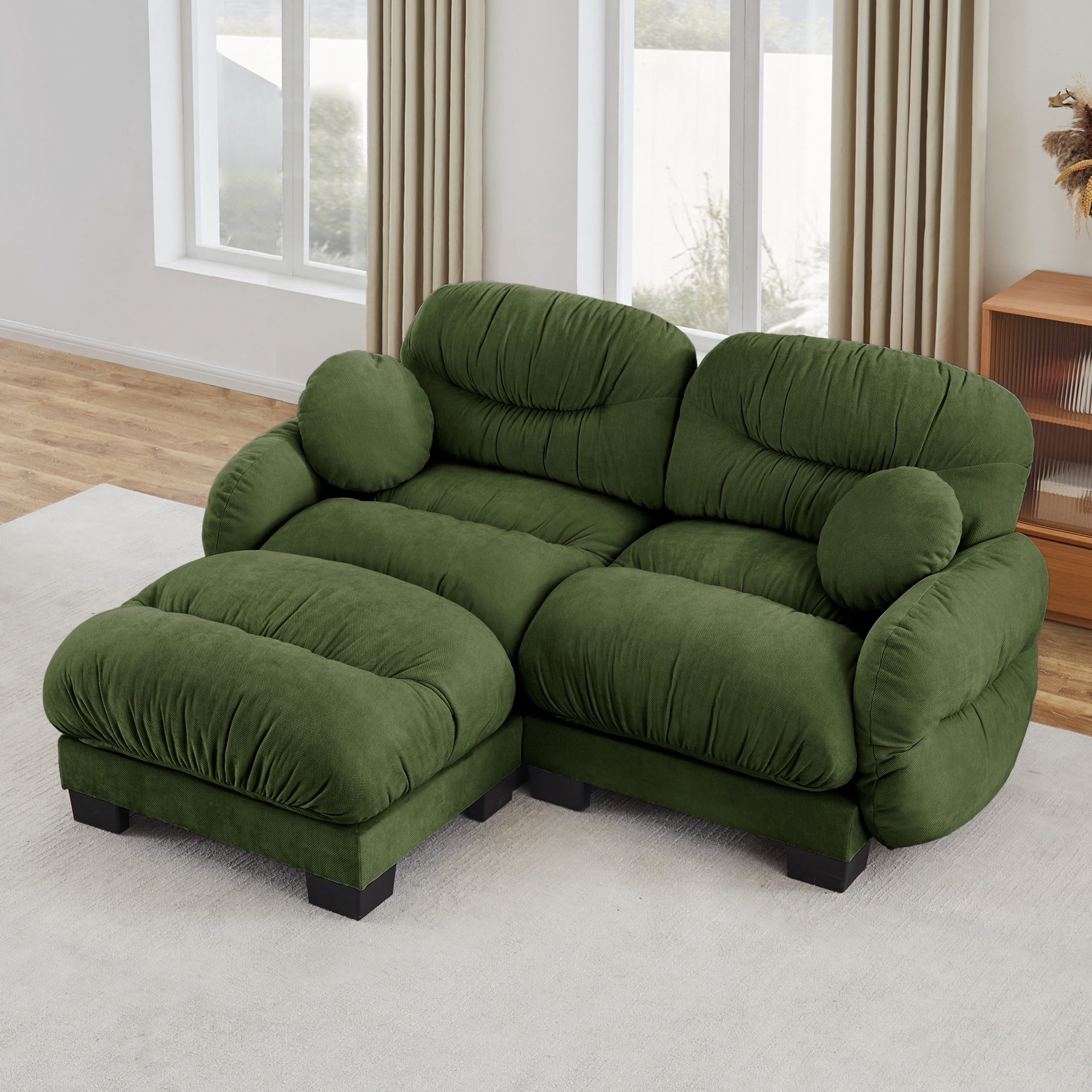 Noble House Corlan Pleated Chenille 2-Seater Sectional Sofa, Modular Deep Seat Couch with Ottoman and Throw Pillows, Green