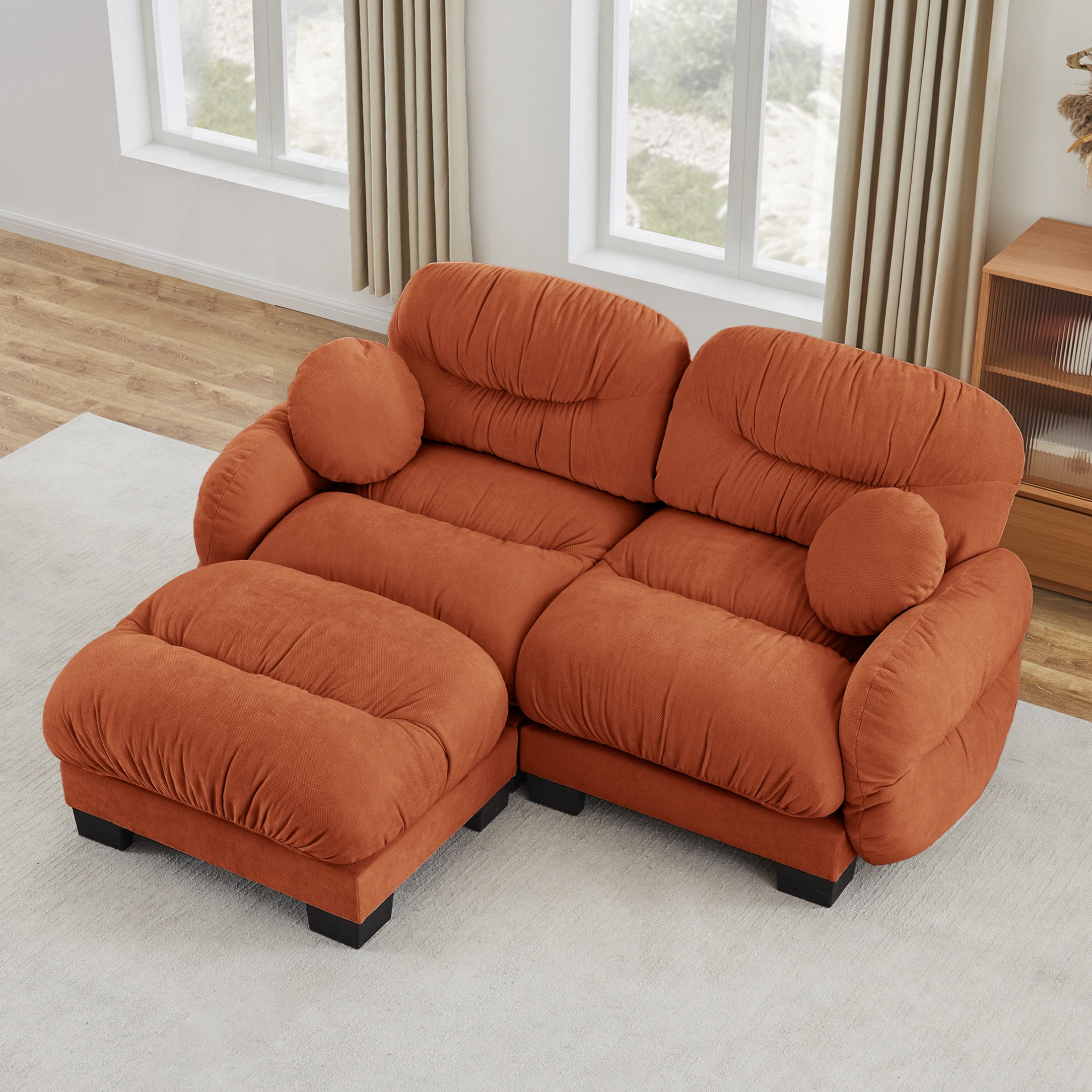 Noble House Corlan Pleated Chenille 2-Seater Sectional Sofa, Modular Deep Seat Couch with Ottoman and Throw Pillows, Orange
