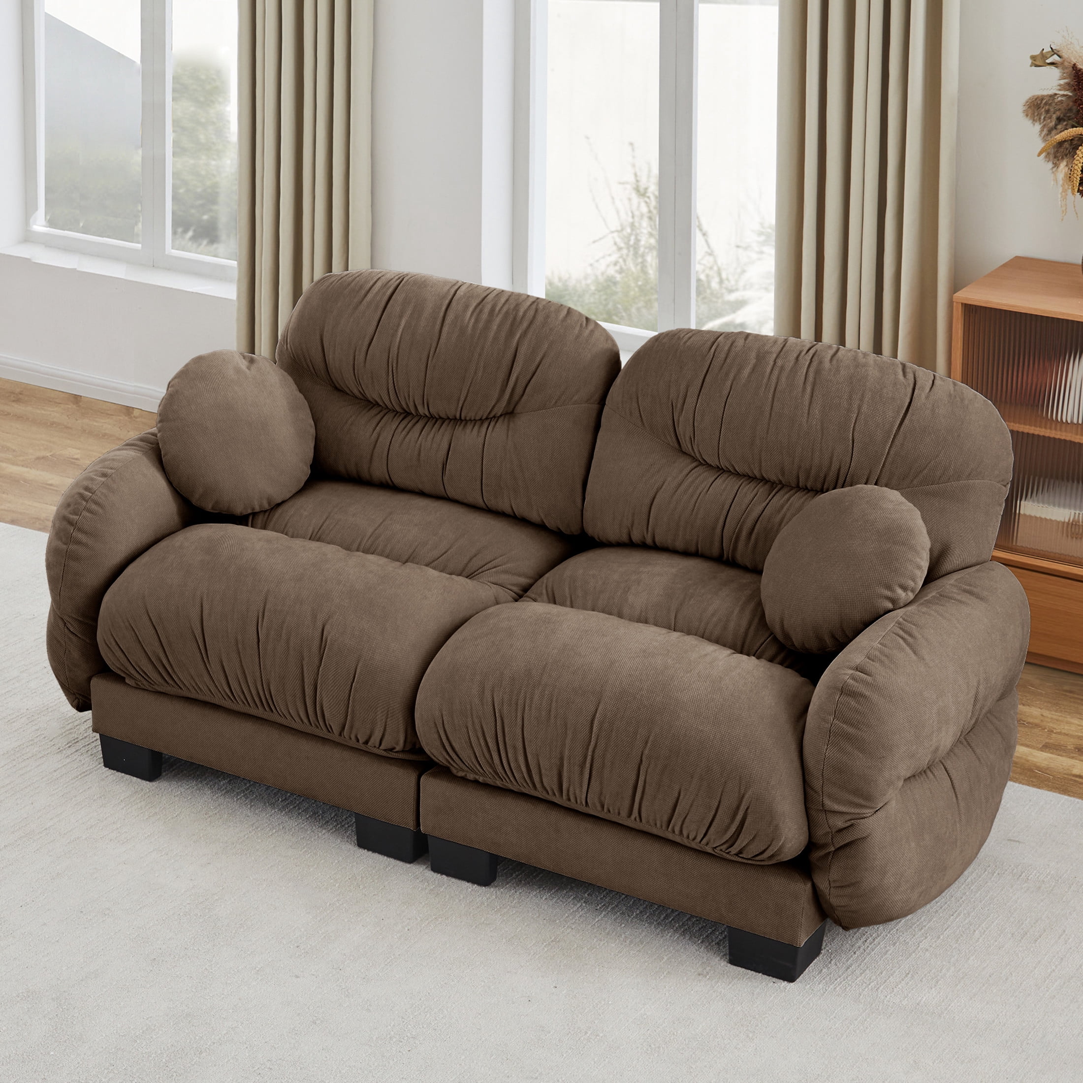 Noble House Corlan Pleated Chenille 2-Seater Sectional Sofa, Modular Deep Seat Couch with Throw Pillows, Brown