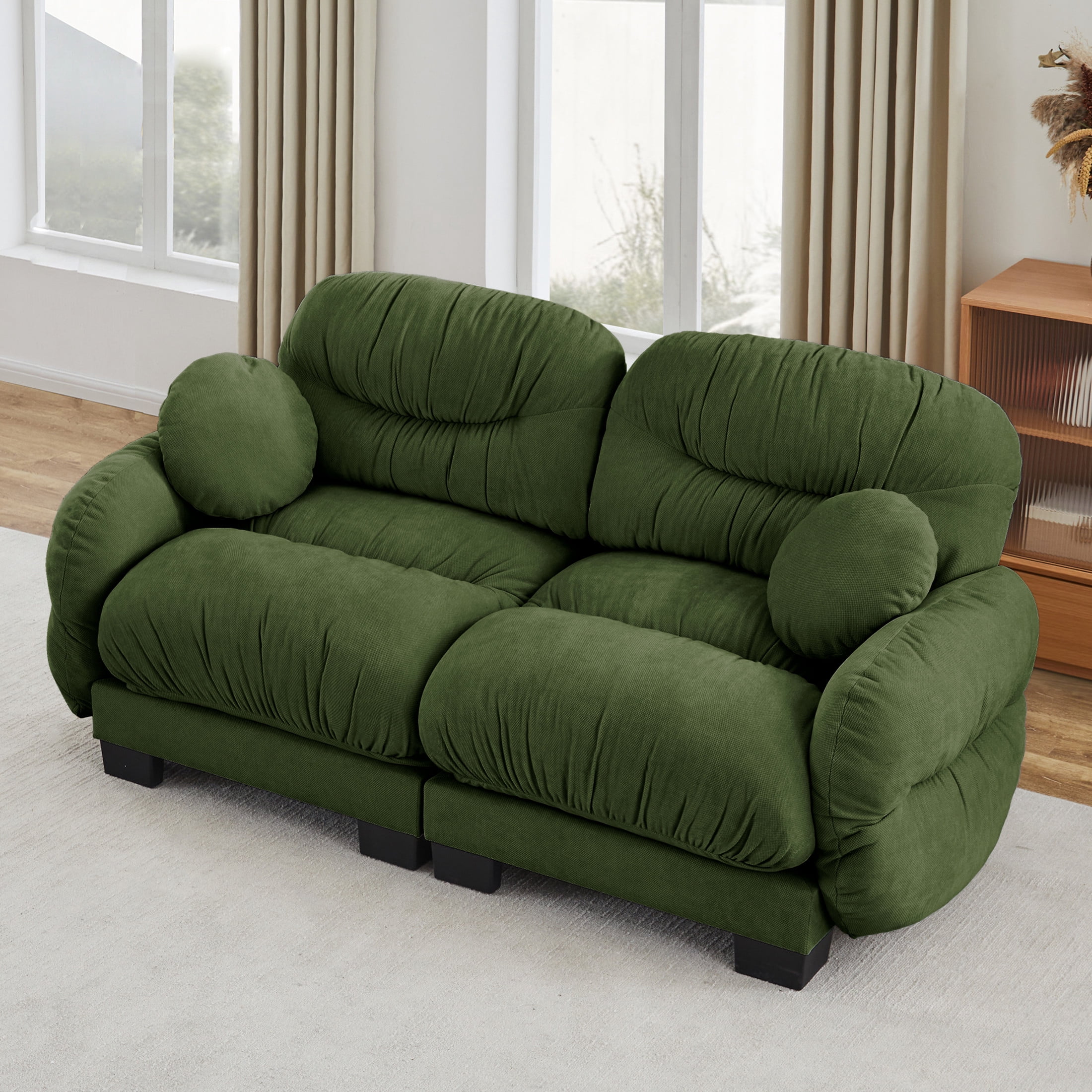 Noble House Corlan Pleated Chenille 2-Seater Sectional Sofa, Modular Deep Seat Couch with Throw Pillows, Green