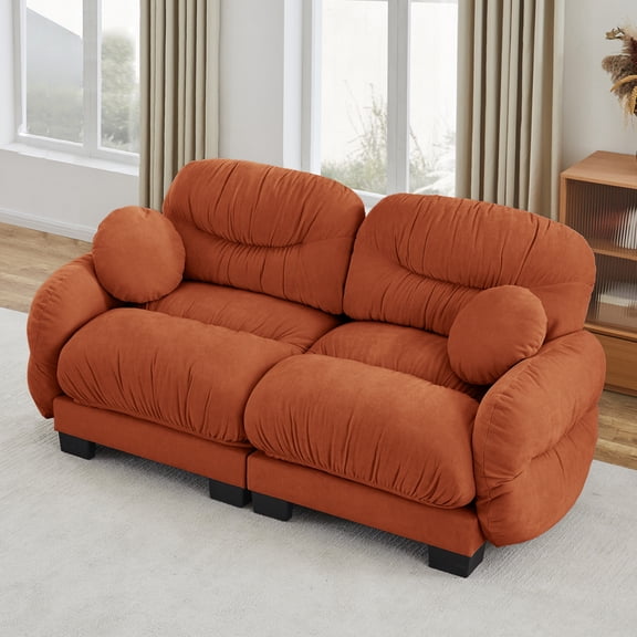 Noble House Corlan Pleated Chenille 2-Seater Sectional Sofa, Modular Deep Seat Couch with Throw Pillows, Orange