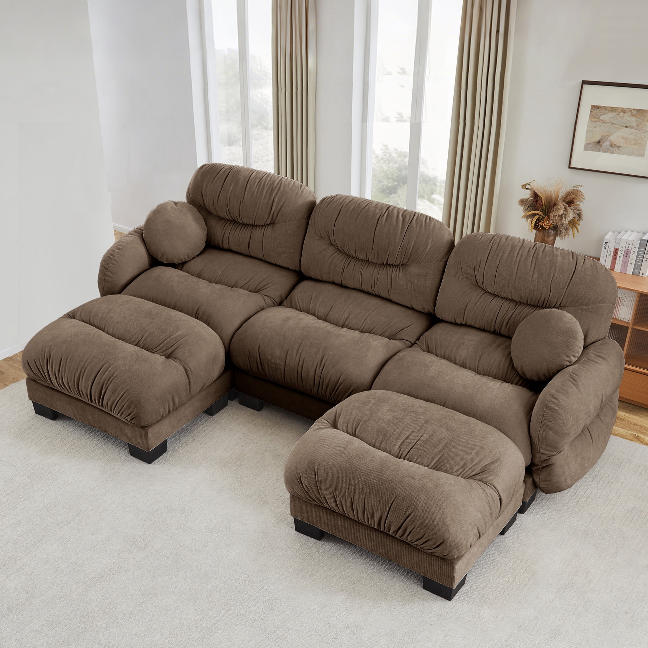 Noble House Corlan Pleated Chenille 3-Seater Sectional Sofa, Modular Deep Seat Couch with 2 Ottomans and Throw Pillows, Brown