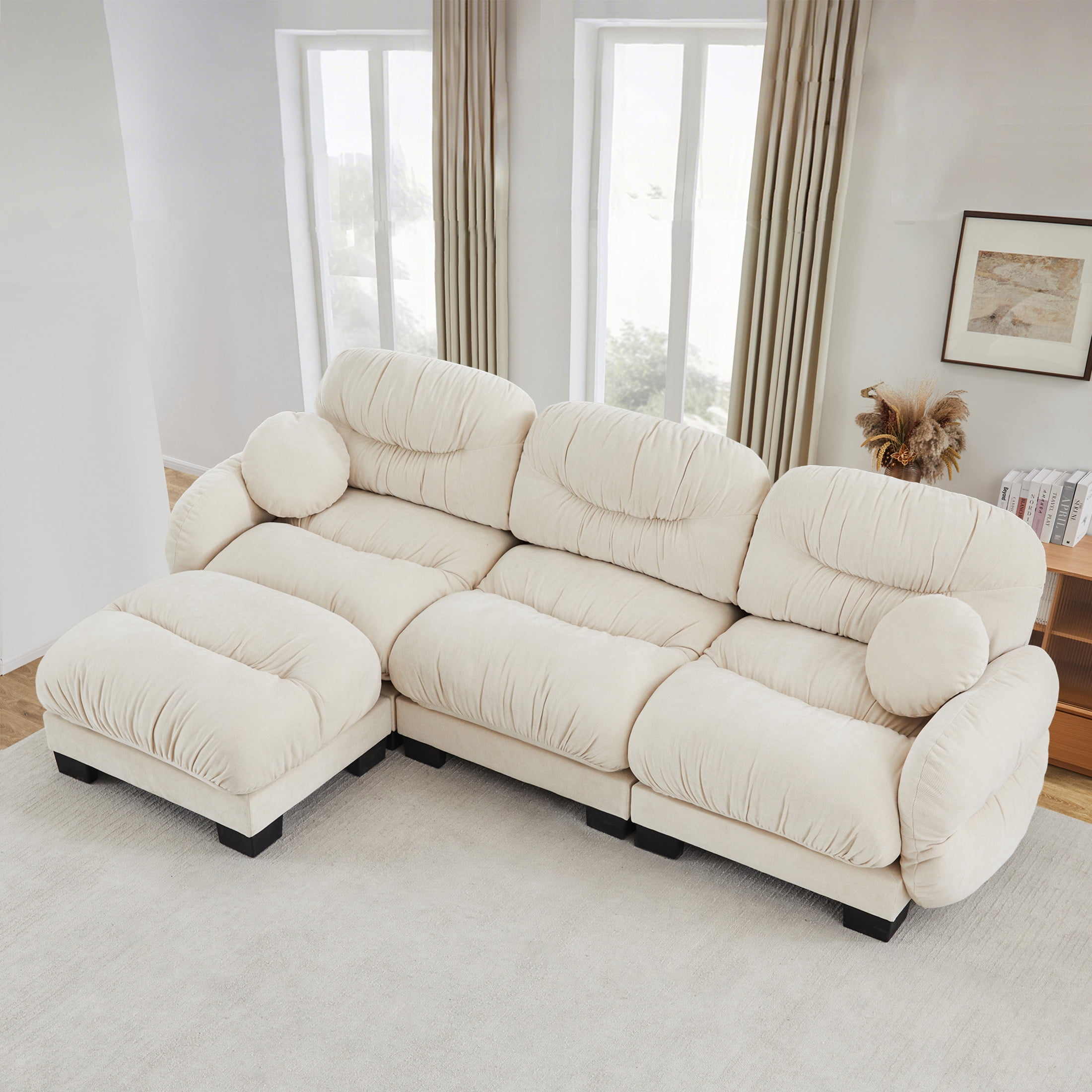 Noble House Corlan Pleated Chenille 3-Seater Sectional Sofa, Modular Deep Seat Couch with Ottoman and Throw Pillows, Beige