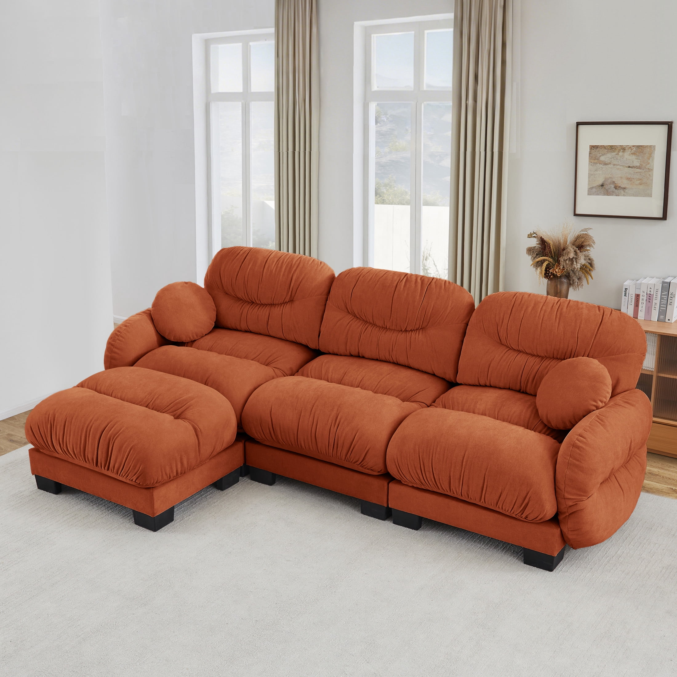 Noble House Corlan Pleated Chenille 3-Seater Sectional Sofa, Modular Deep Seat Couch with Ottoman and Throw Pillows, Orange
