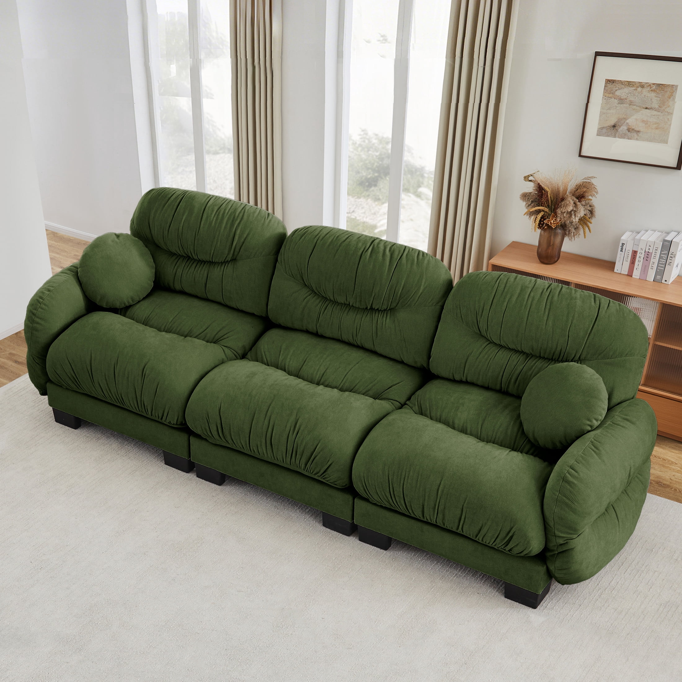 Noble House Corlan Pleated Chenille 3-Seater Sectional Sofa, Modular Deep Seat Couch with Throw Pillows, Green