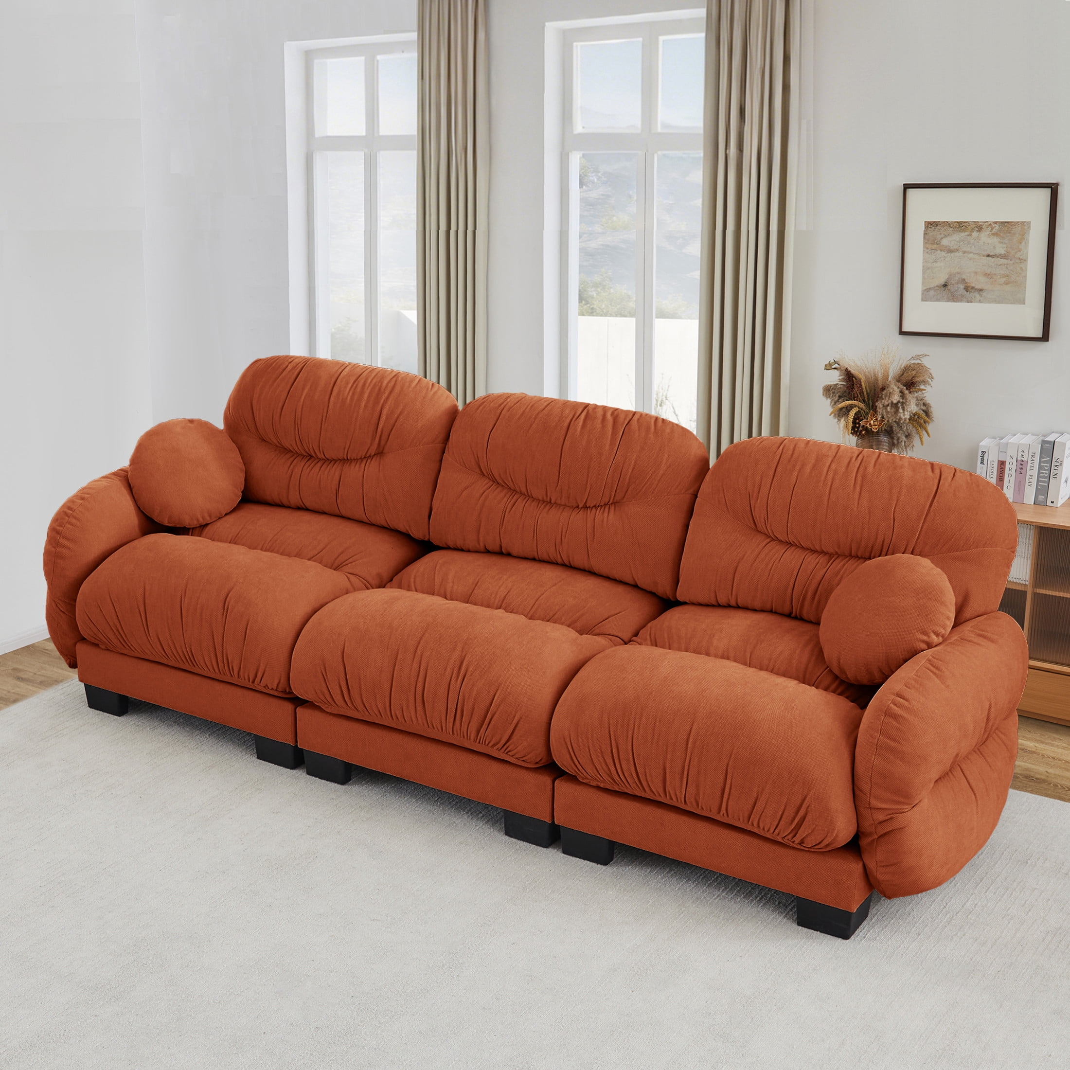 Noble House Corlan Pleated Chenille 3-Seater Sectional Sofa, Modular Deep Seat Couch with Throw Pillows, Orange