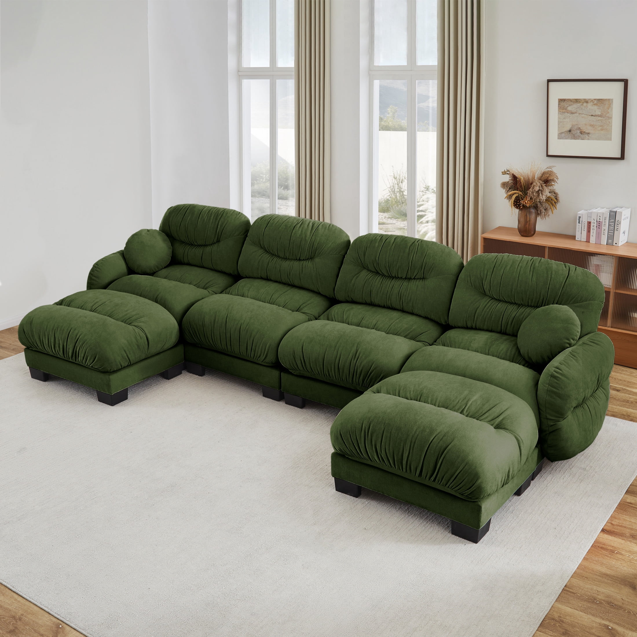 Noble House Corlan Pleated Chenille 4-Seater Sectional Sofa, Modular Deep Seat Couch with 2 Ottomans and Throw Pillows, Green