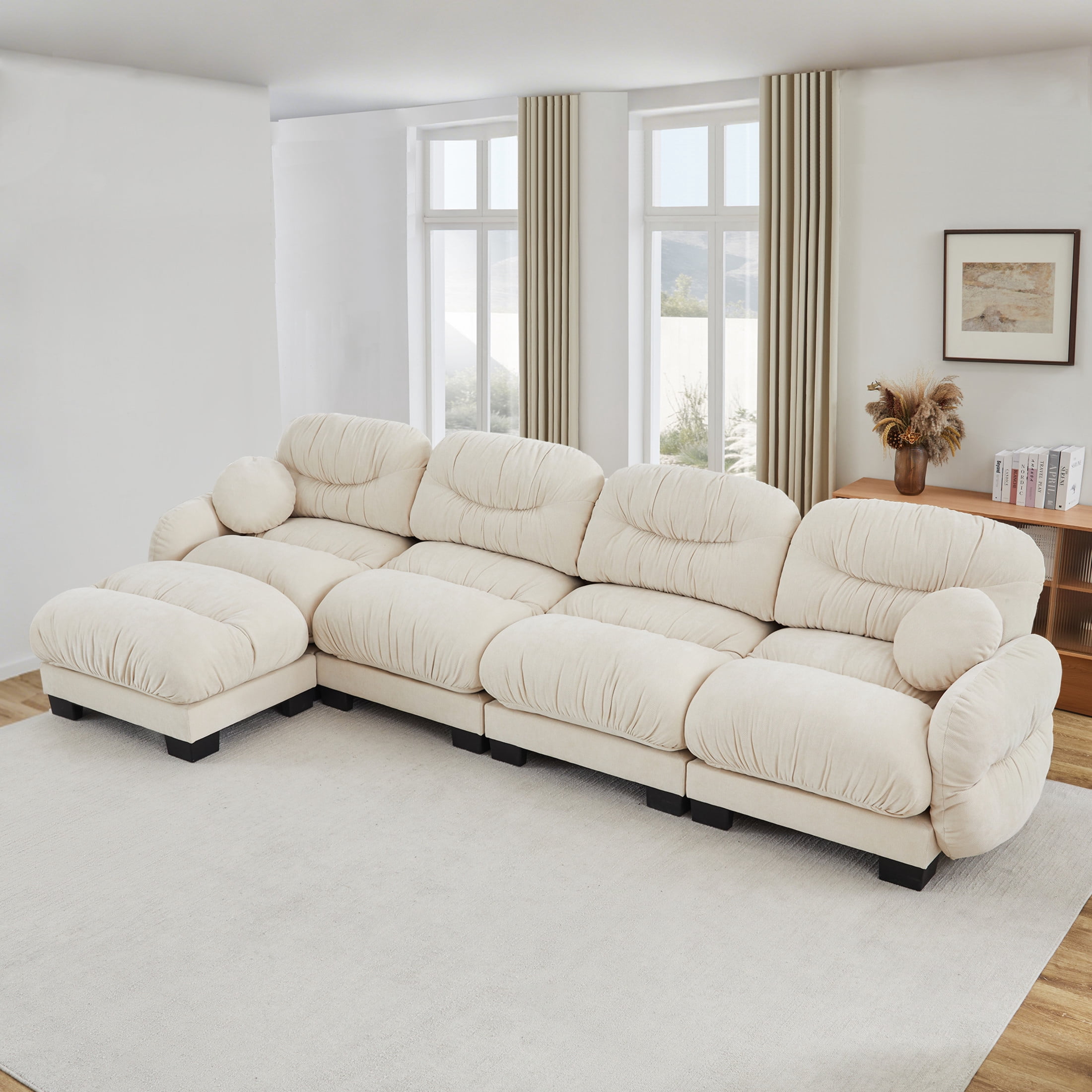 Noble House Corlan Pleated Chenille 4-Seater Sectional Sofa, Modular Deep Seat Couch with Ottoman and Throw Pillows, Beige