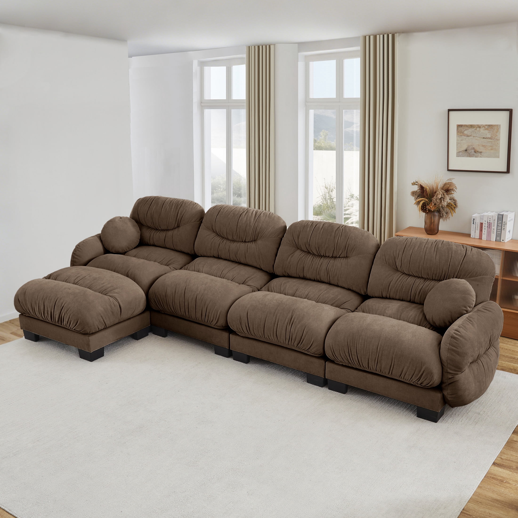 Noble House Corlan Pleated Chenille 4-Seater Sectional Sofa, Modular Deep Seat Couch with Ottoman and Throw Pillows, Brown
