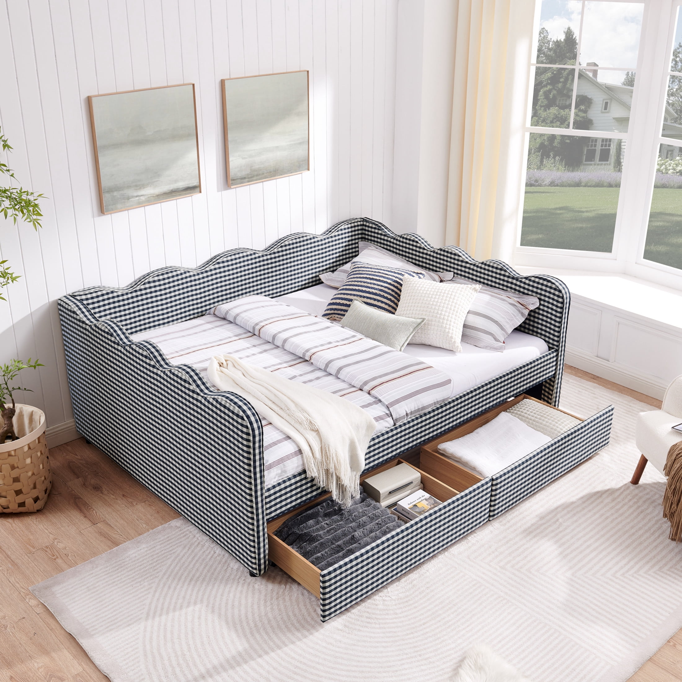 Noble House Corlan Queen Size Waved Daybed, Cozy Gingham Linen Sofa Bed with Storage Drawers and Charging Port, Navy Blue