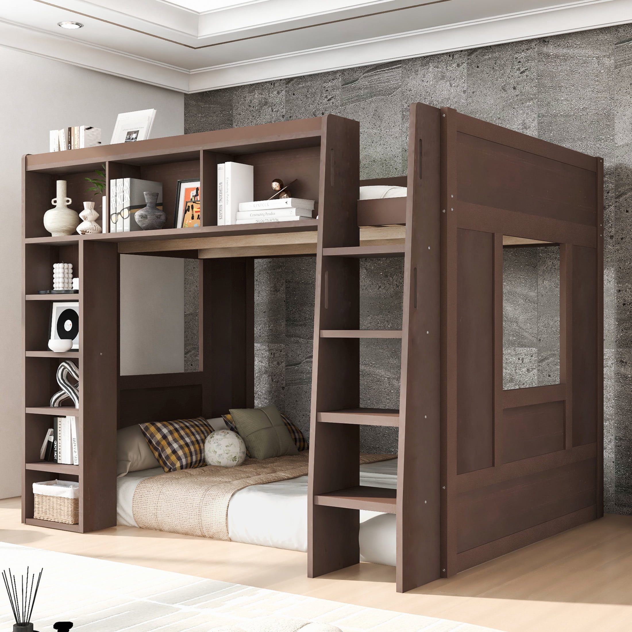 Noble House Corlan Queen Size Wooden Loft Bed with Storage Cabinets and Bookshelves, Heavy Duty, Brown