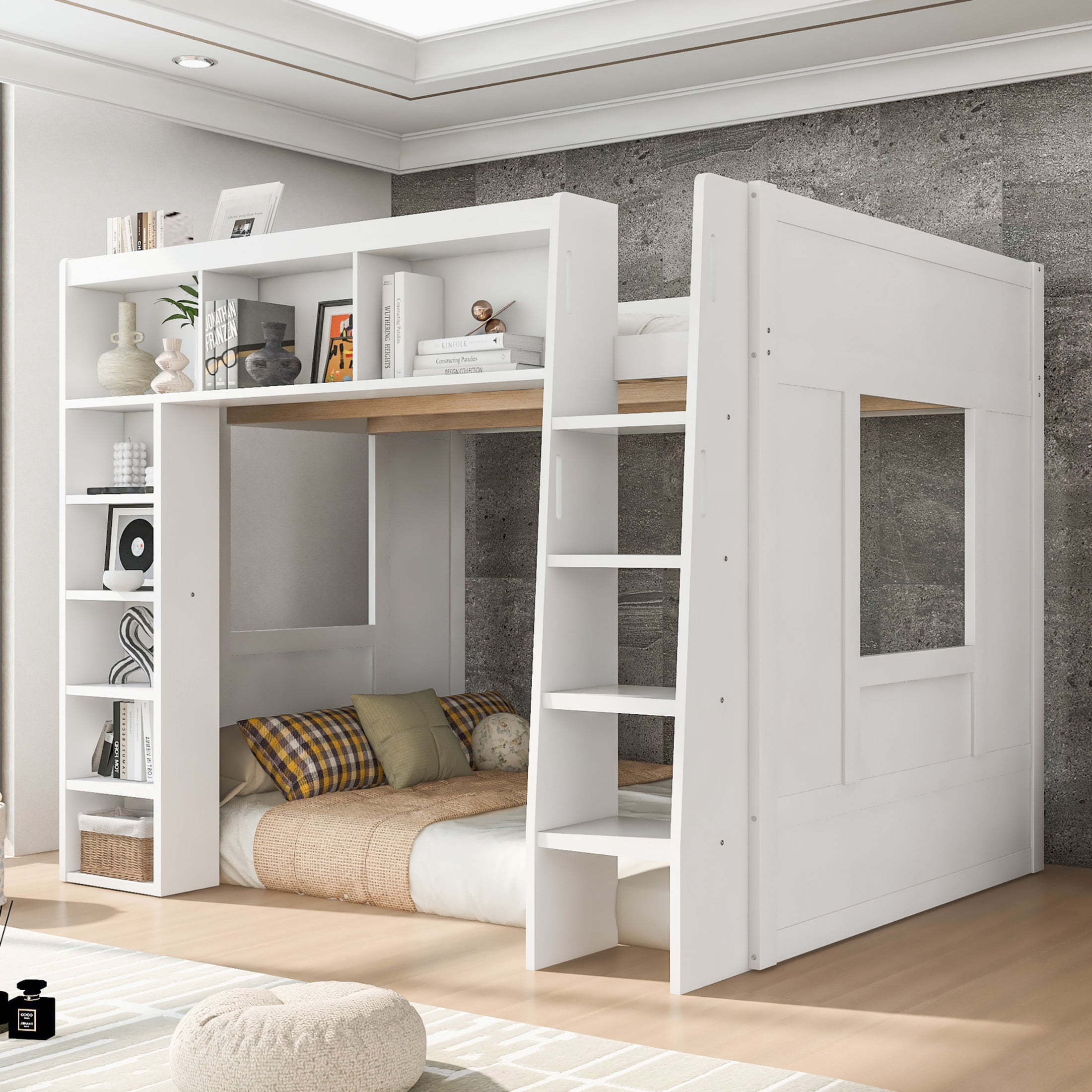Noble House Corlan Queen Size Wooden Loft Bed with Storage Cabinets and Bookshelves, Heavy Duty, White