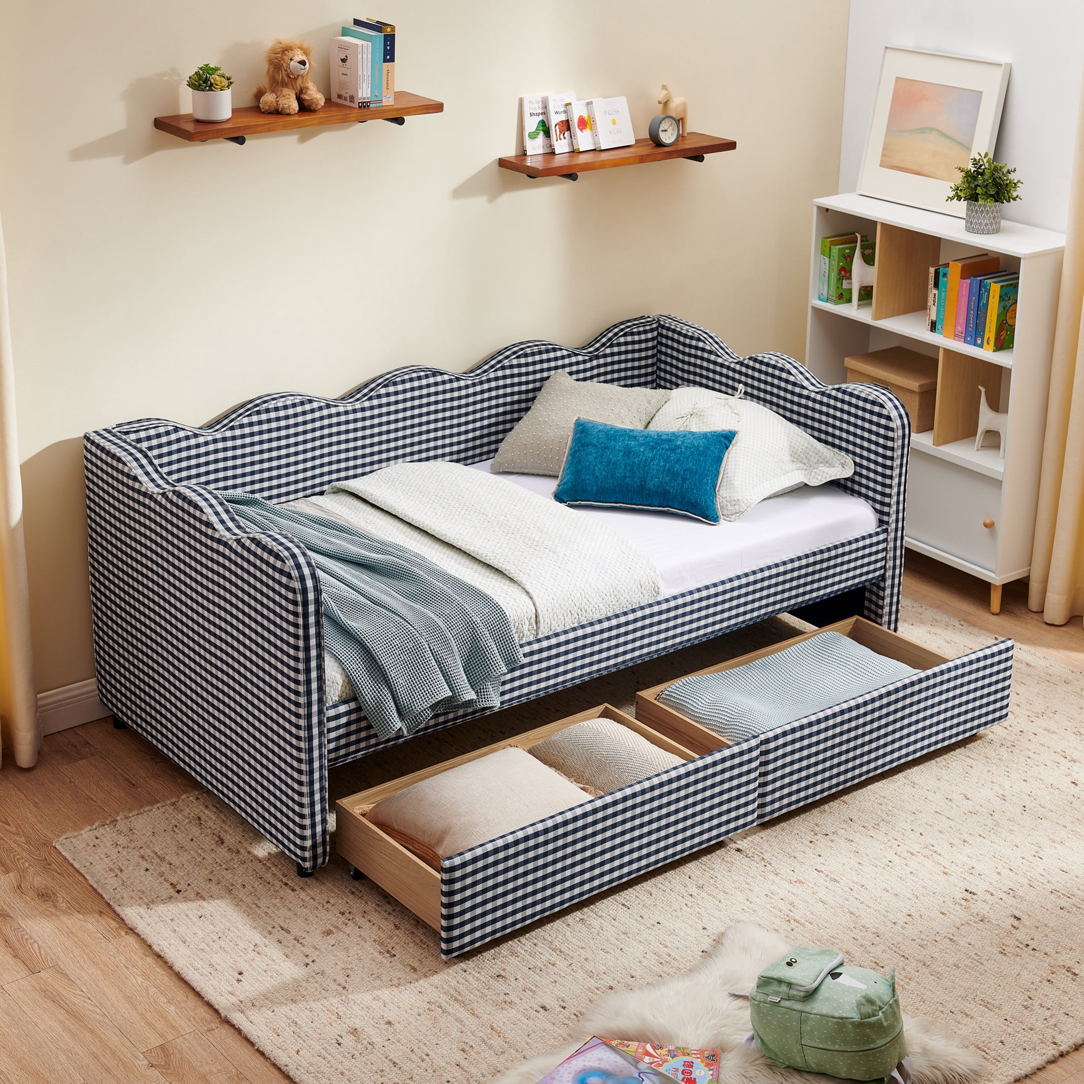 Noble House Corlan Twin Size Waved Daybed, Cozy Gingham Linen Sofa Bed with Storage Drawers and Charging Port, Black